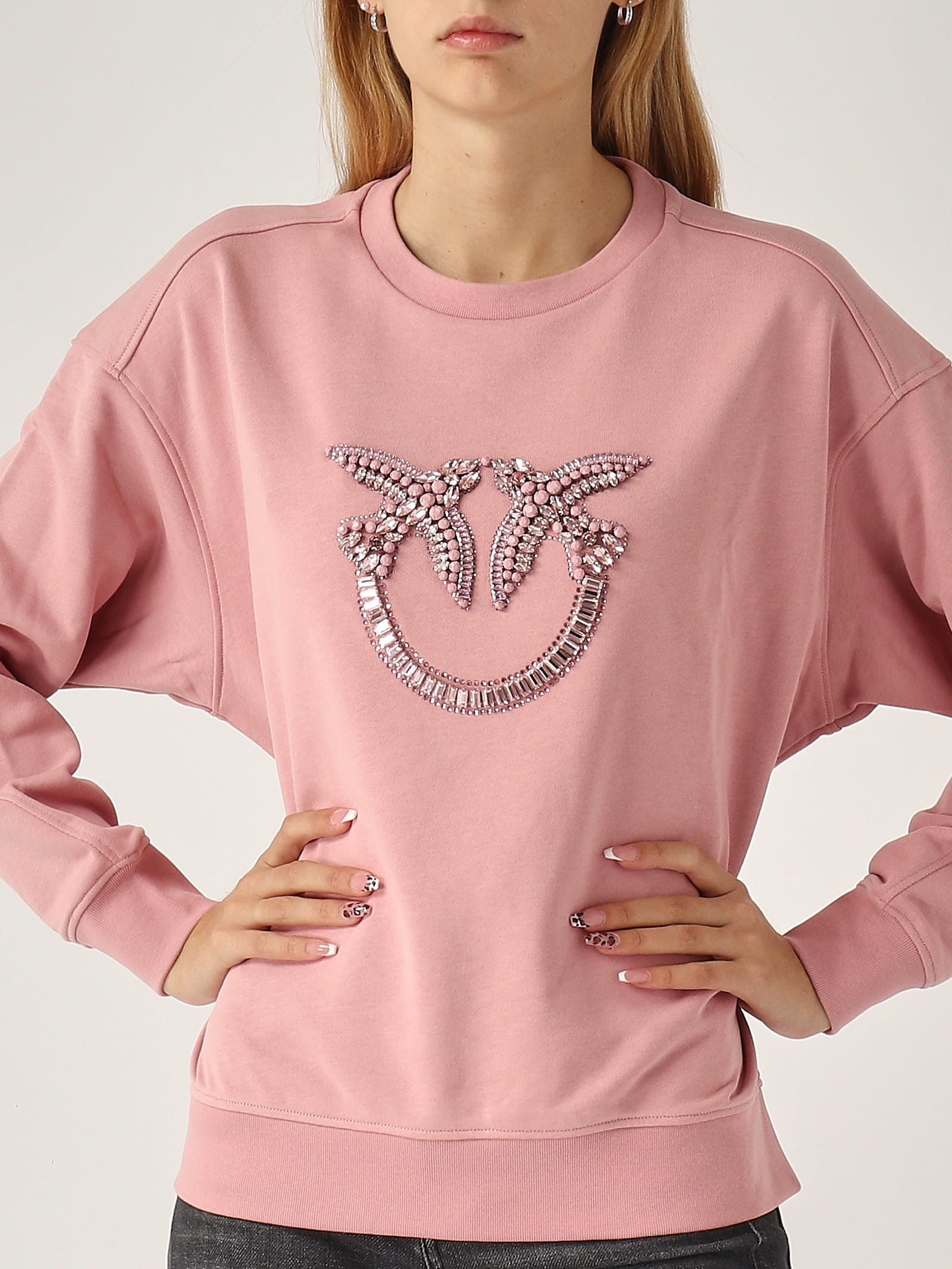 Shop Pinko Nelly Felpa Logo Birds Hoodie In Rosa Antico