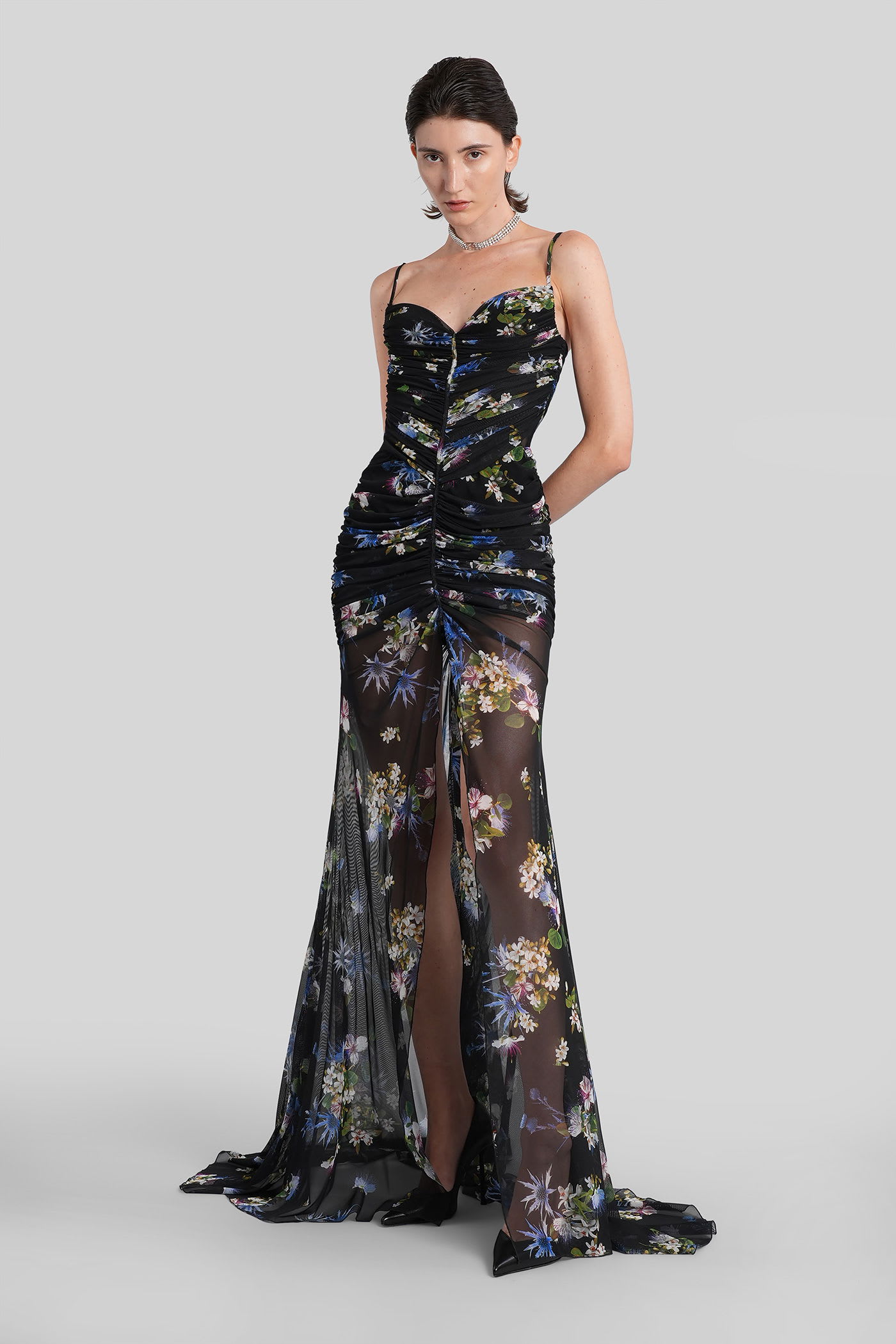 Blumarine Floral-print Ruched Maxi Dress In Black