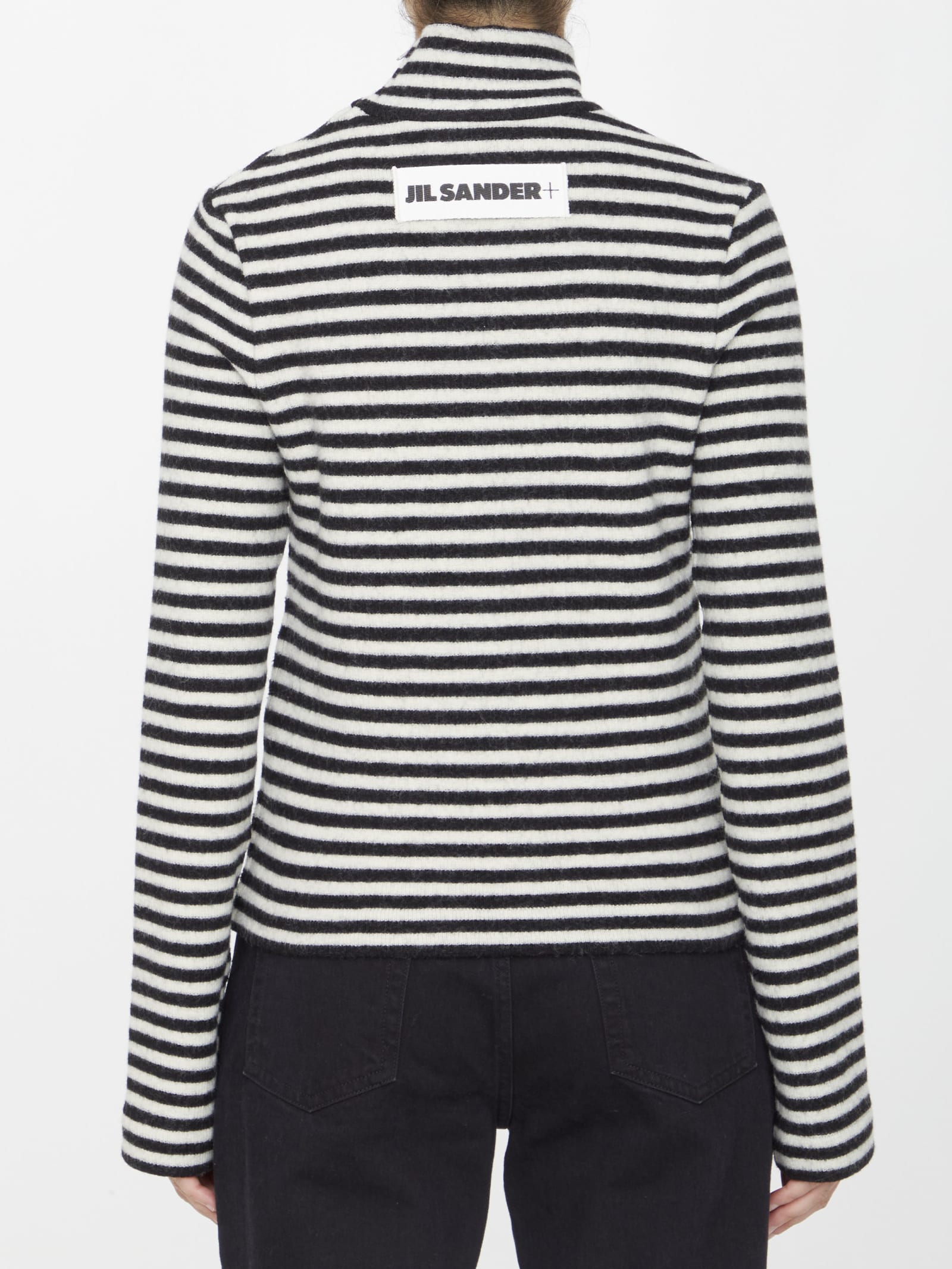Jil Sander Striped High-neck Boiled Wool Knit Pullover Sweater