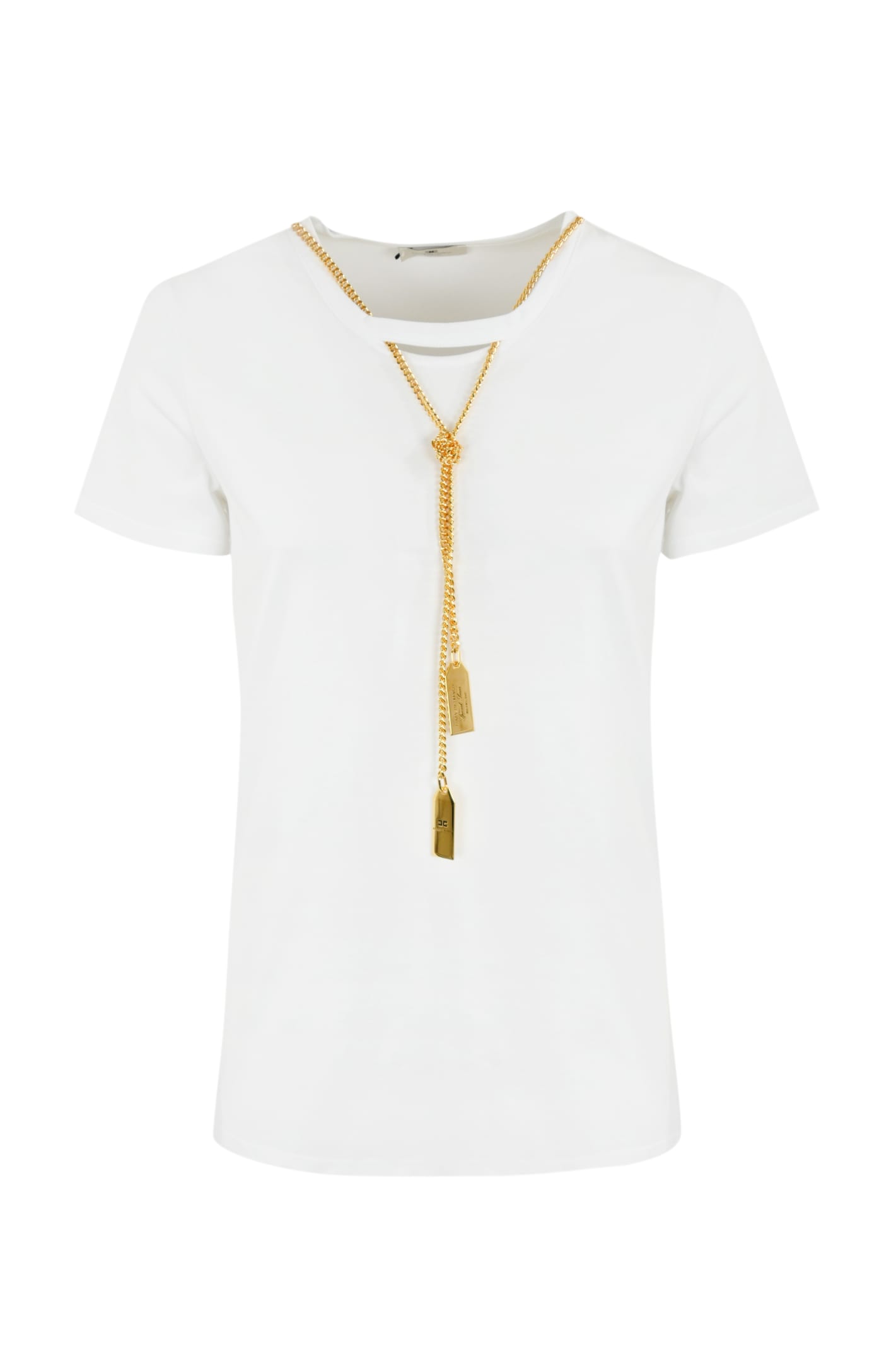 Shop Elisabetta Franchi Cotton T-shirt With Necklace In Gesso