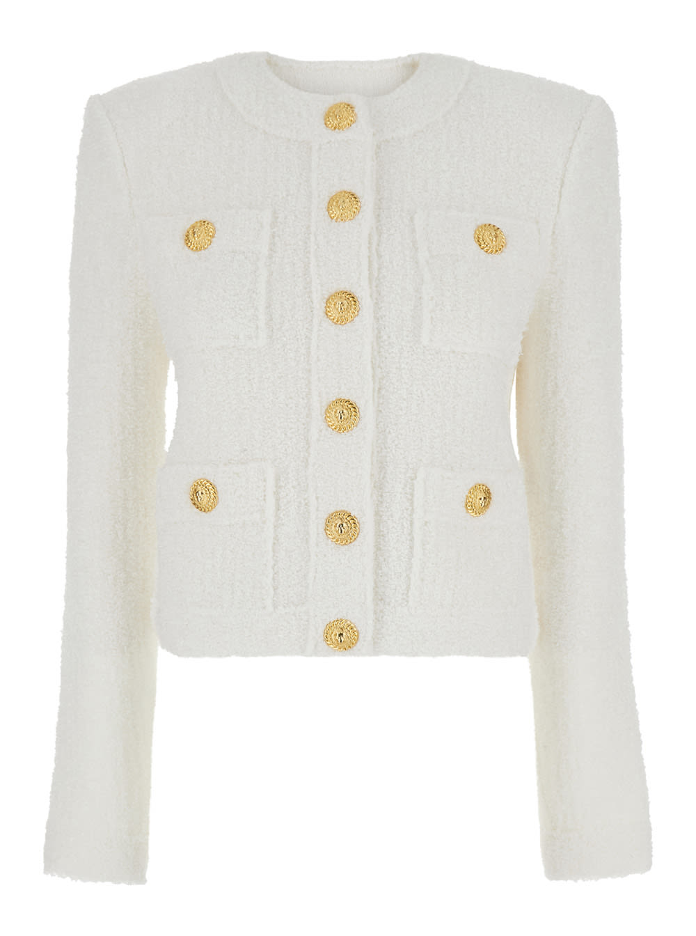 BALMAIN WHITE CROPPED JACKET WITH PATCH POCKETS IN TWEED WOMAN 