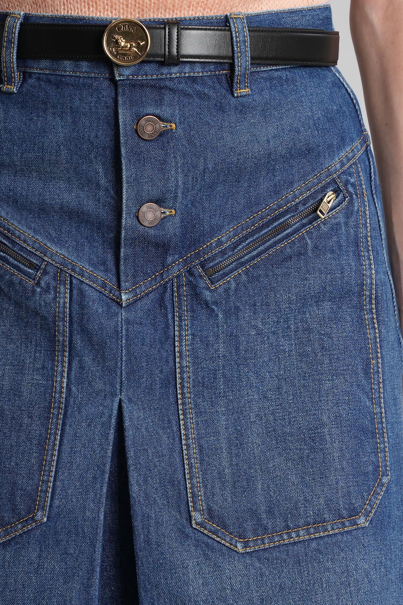 Chloé Button-front Denim Midi Skirt With Patch Pockets In Blue