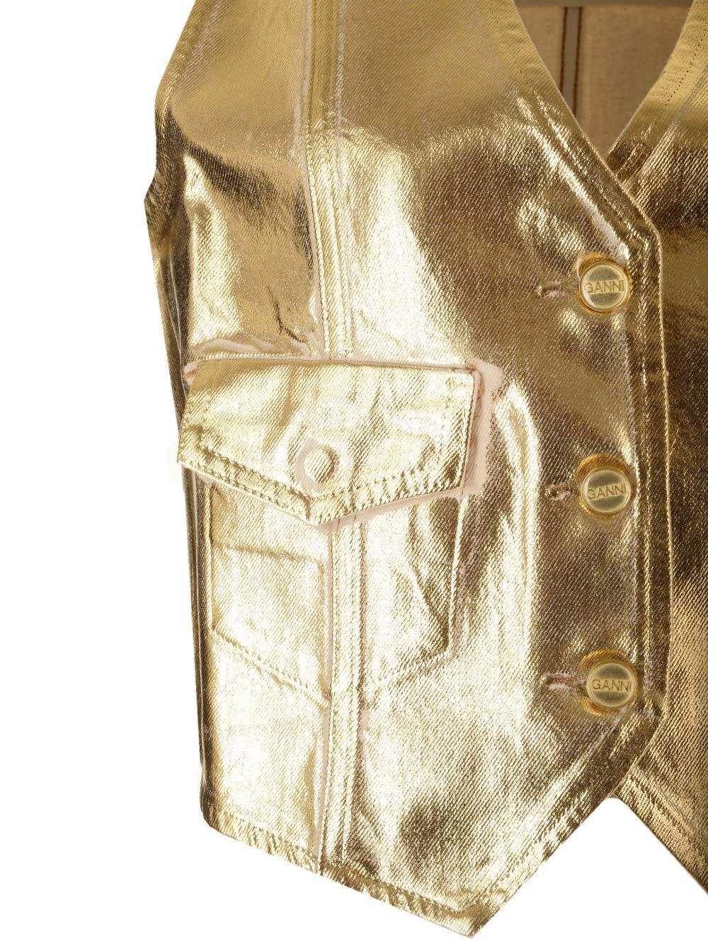 Shop Ganni Metallic Cropped Vest In Oro