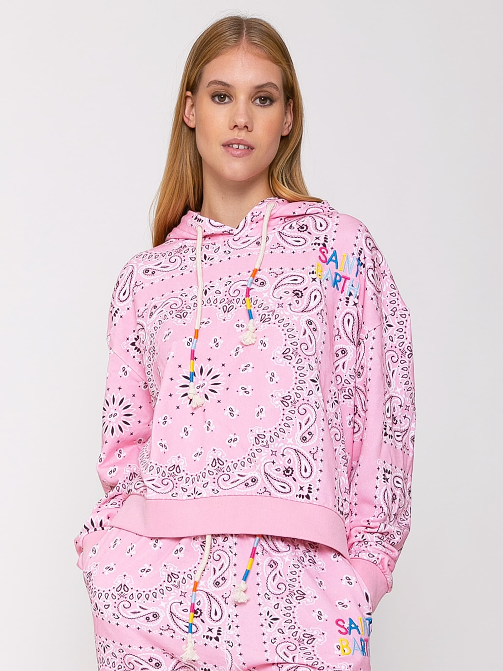Mc2 Saint Barth Cotton Bandanna Hoodie With Saint Barth Embroidery In Pink