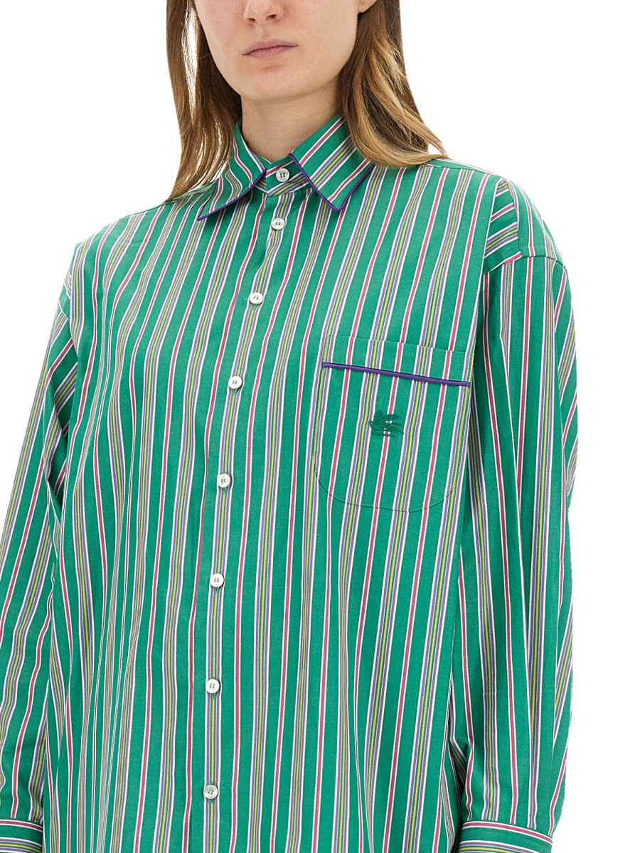 Etro Pocketed Collared Striped Long Sleeve Top In Green