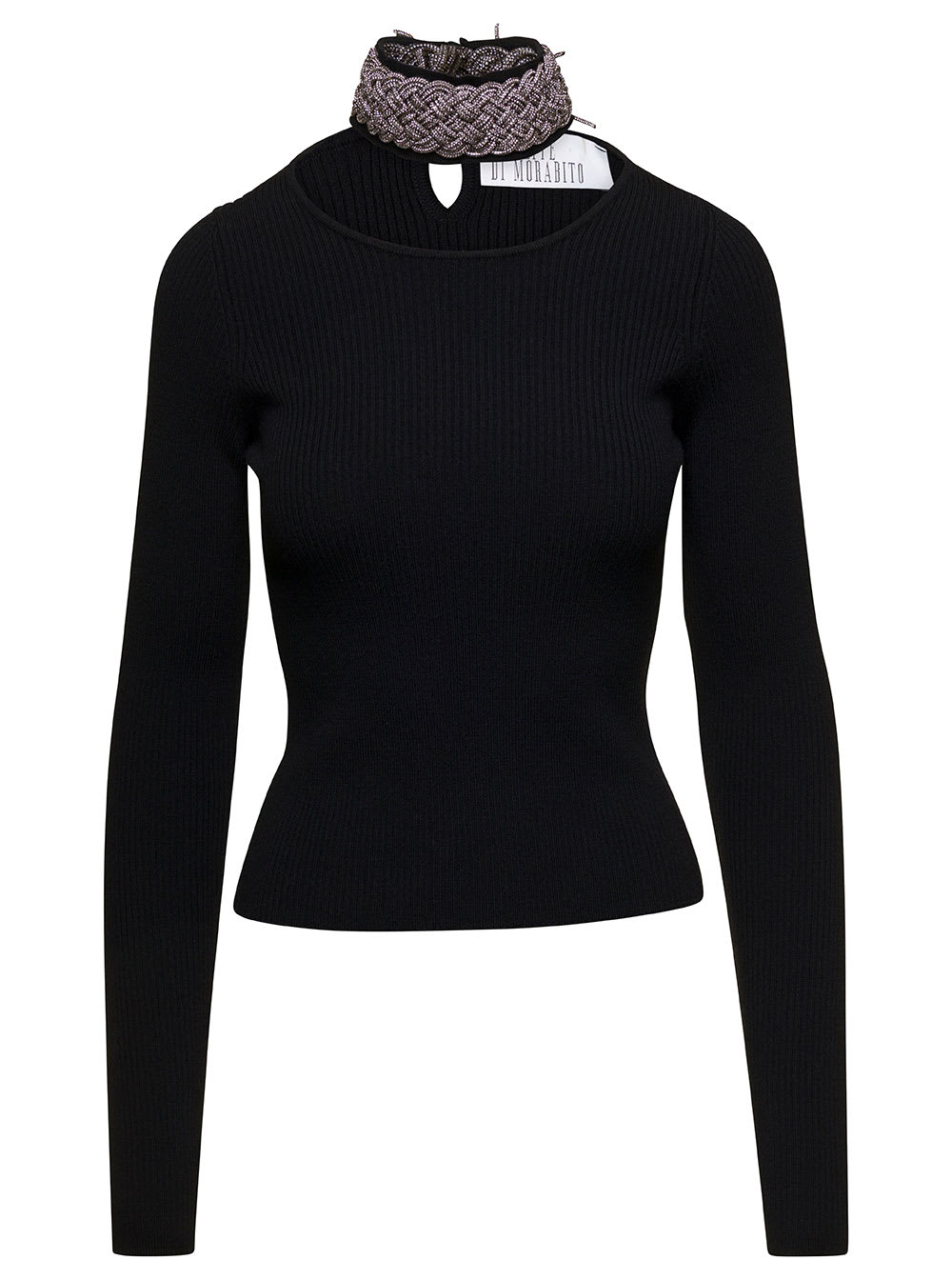 Black Top Wuth Embellished Neck And Cut-out In Wool Blend Woman