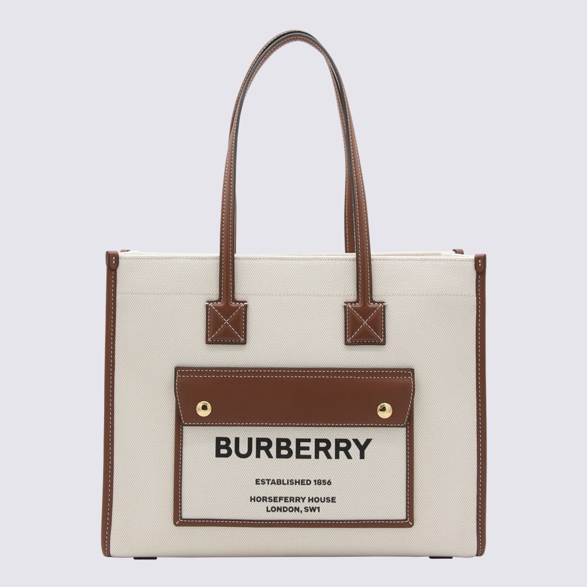 Shop Burberry Cream Canvas And Brown Leather Freya Tote Bag In Natural/tan