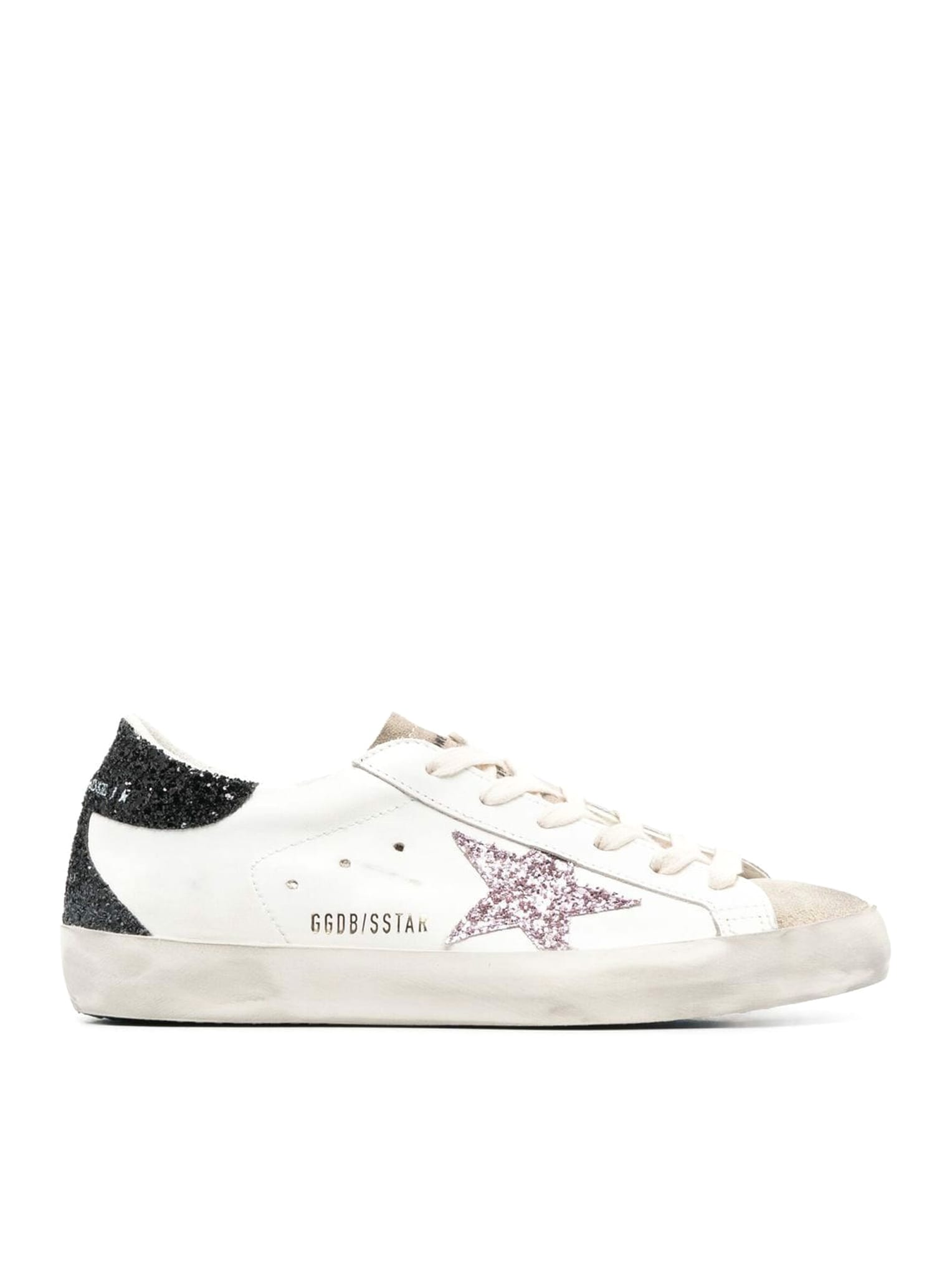 GOLDEN GOOSE SUPER-STAR LEATHER UPPER SUEDE TOE GLITTER STAR HEEL AND SPUR