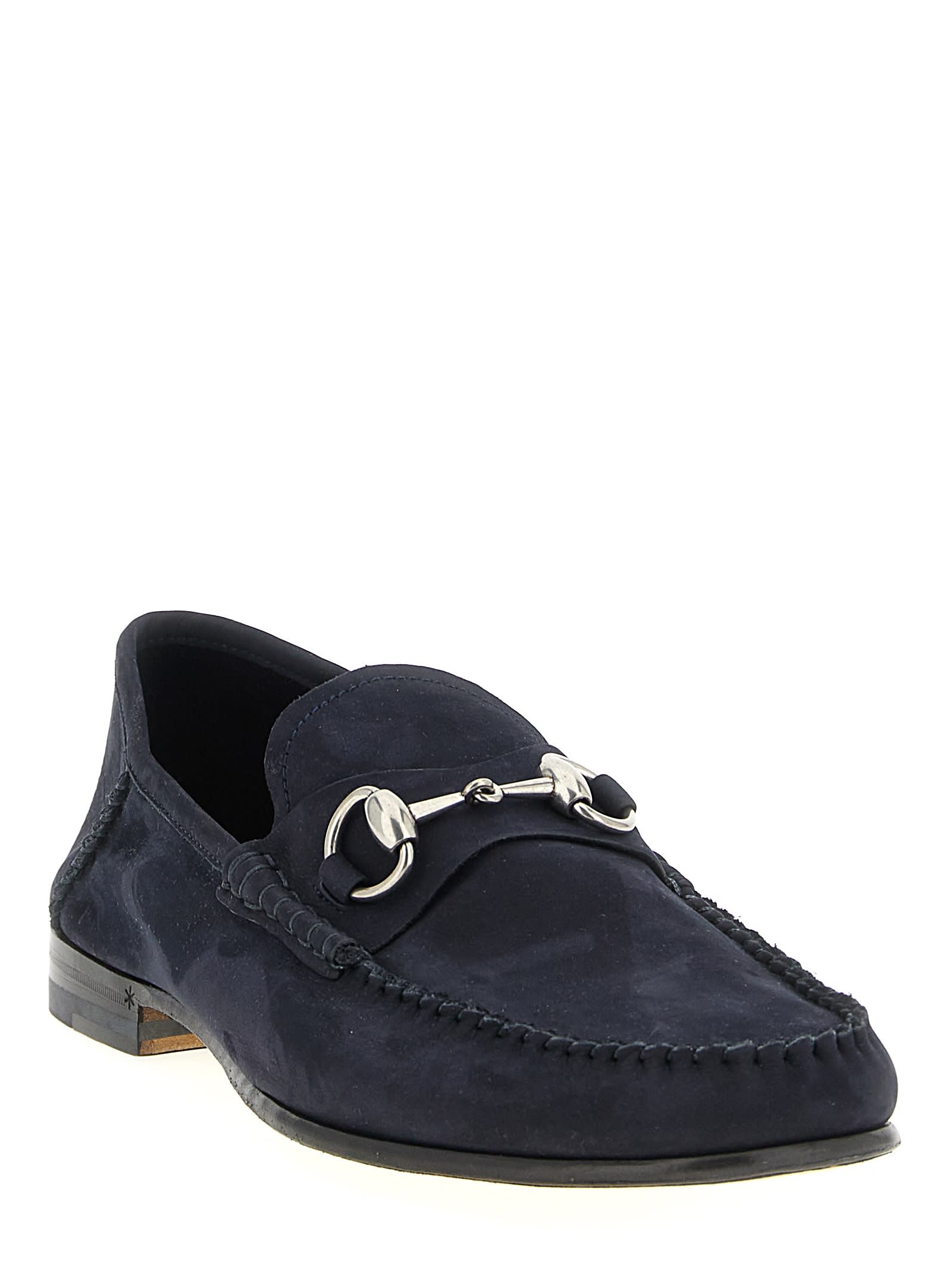 Gucci Round Toe Loafers With Metal Buckle Detail In Blue