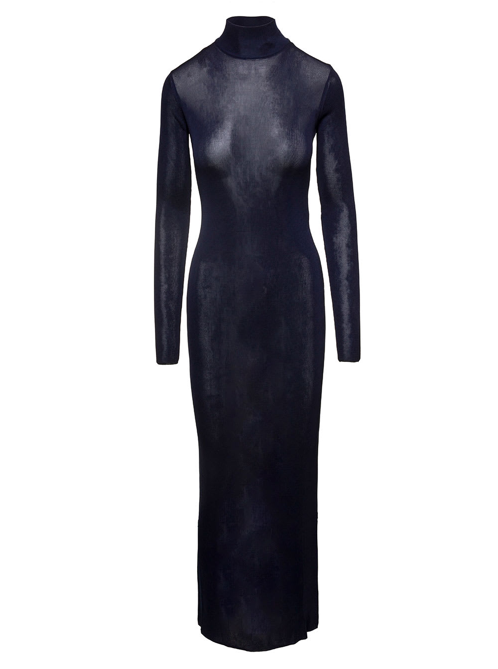 Saint Laurent Maxi Dark Blue Fitted Dress In Viscose Woman