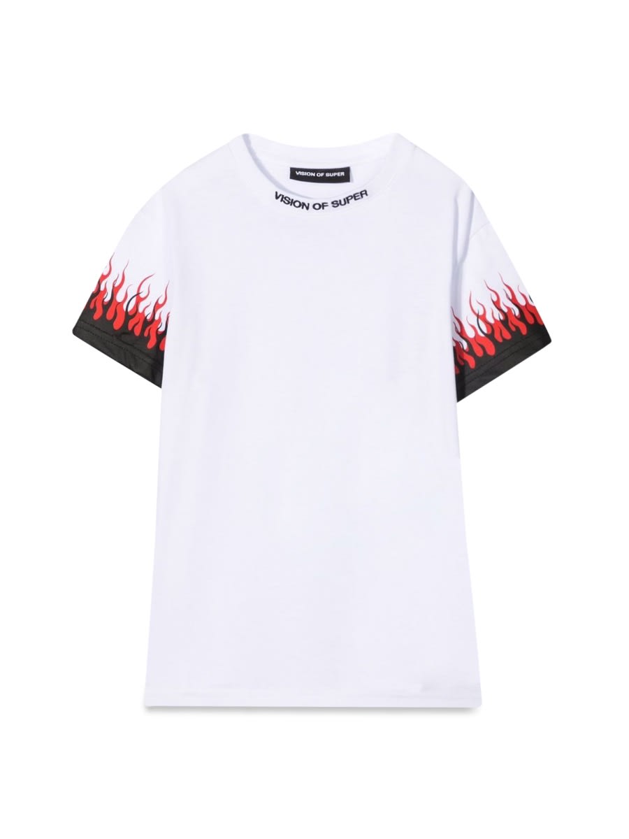 Vision Of Super White Kids Tshirt With Double Flame In White