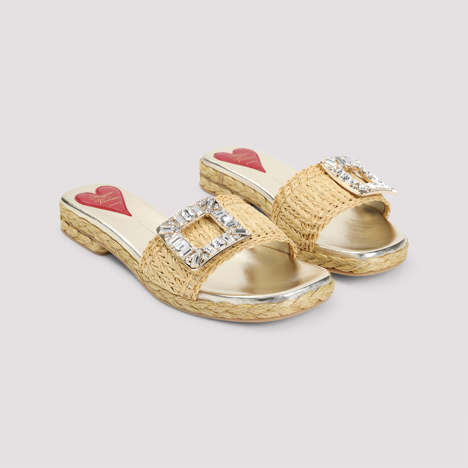 Roger Vivier Crystal Buckle Braided Raffia Espadrilles In Crema Chiaro