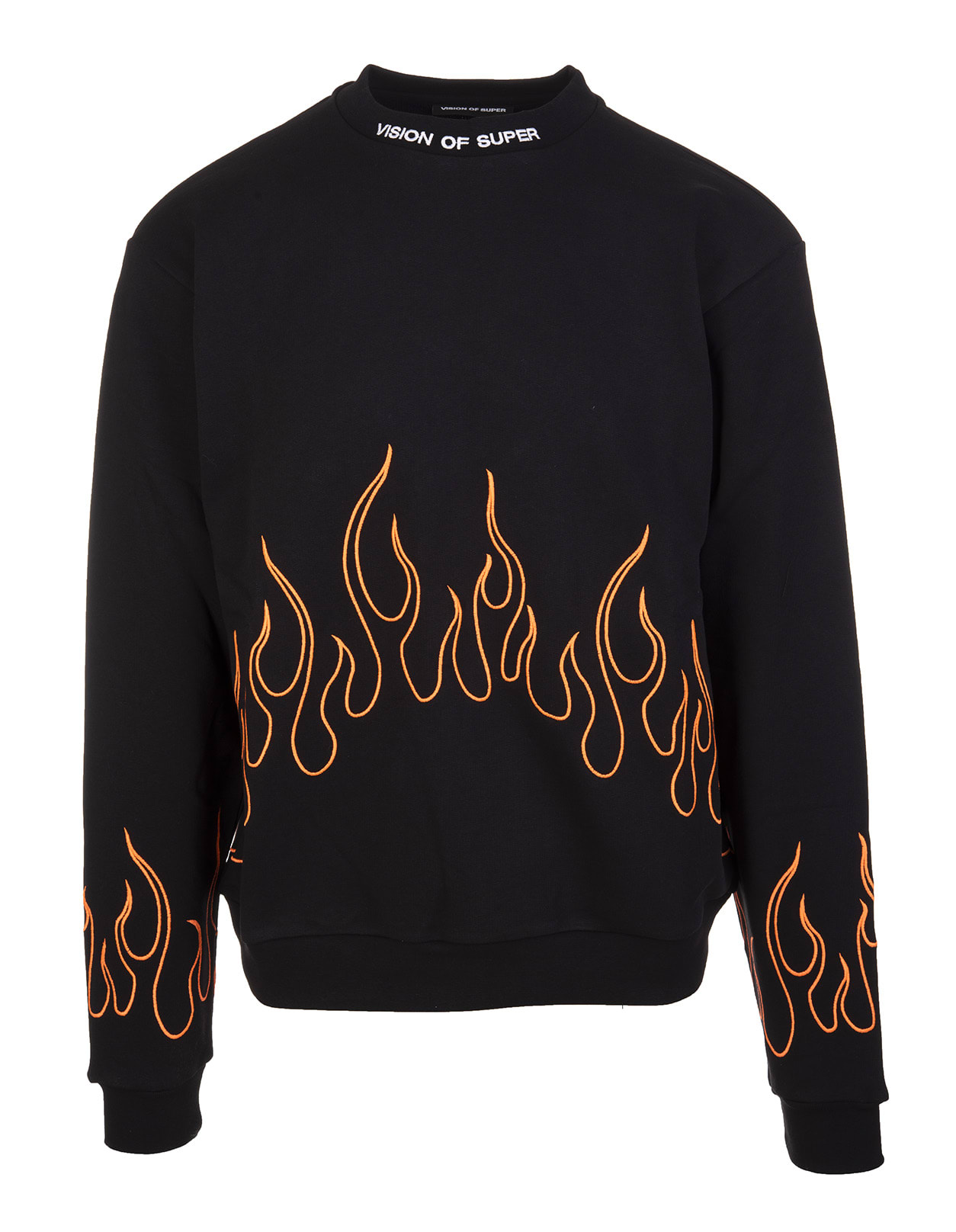 Vision of Super Man Black Sweatshirt With Embroidered Orange Flames