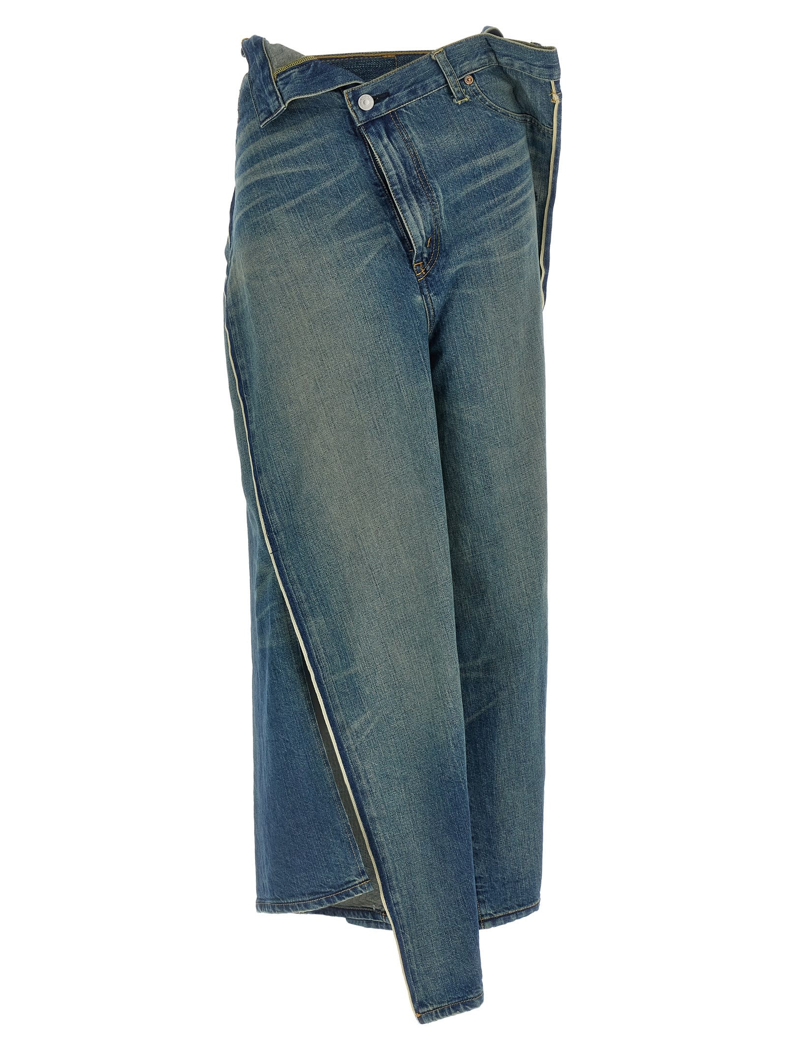 Junya Watanabe Asymmetric Stonewashed Denim Wide Leg Jeans In Blue