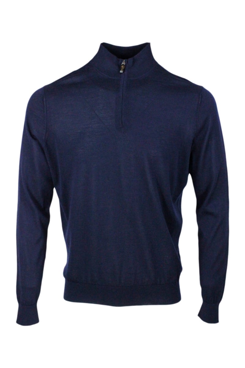 Shop Colombo Light Half-zip Long-sleeved Sweater In Fine 100% Cashmere And Silk With Special Processing On The Pr In Blu Navy