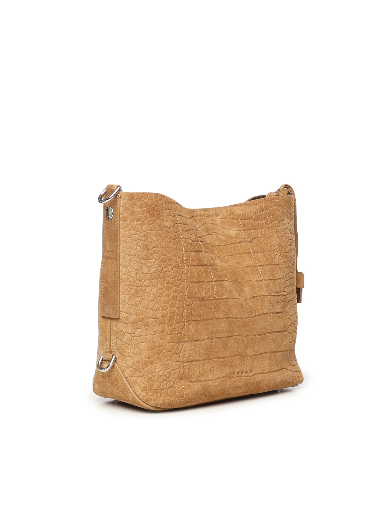 Hogan Textured Crocodile-embossed Brown Shoulder Bag With Adjustable Strap In Brown