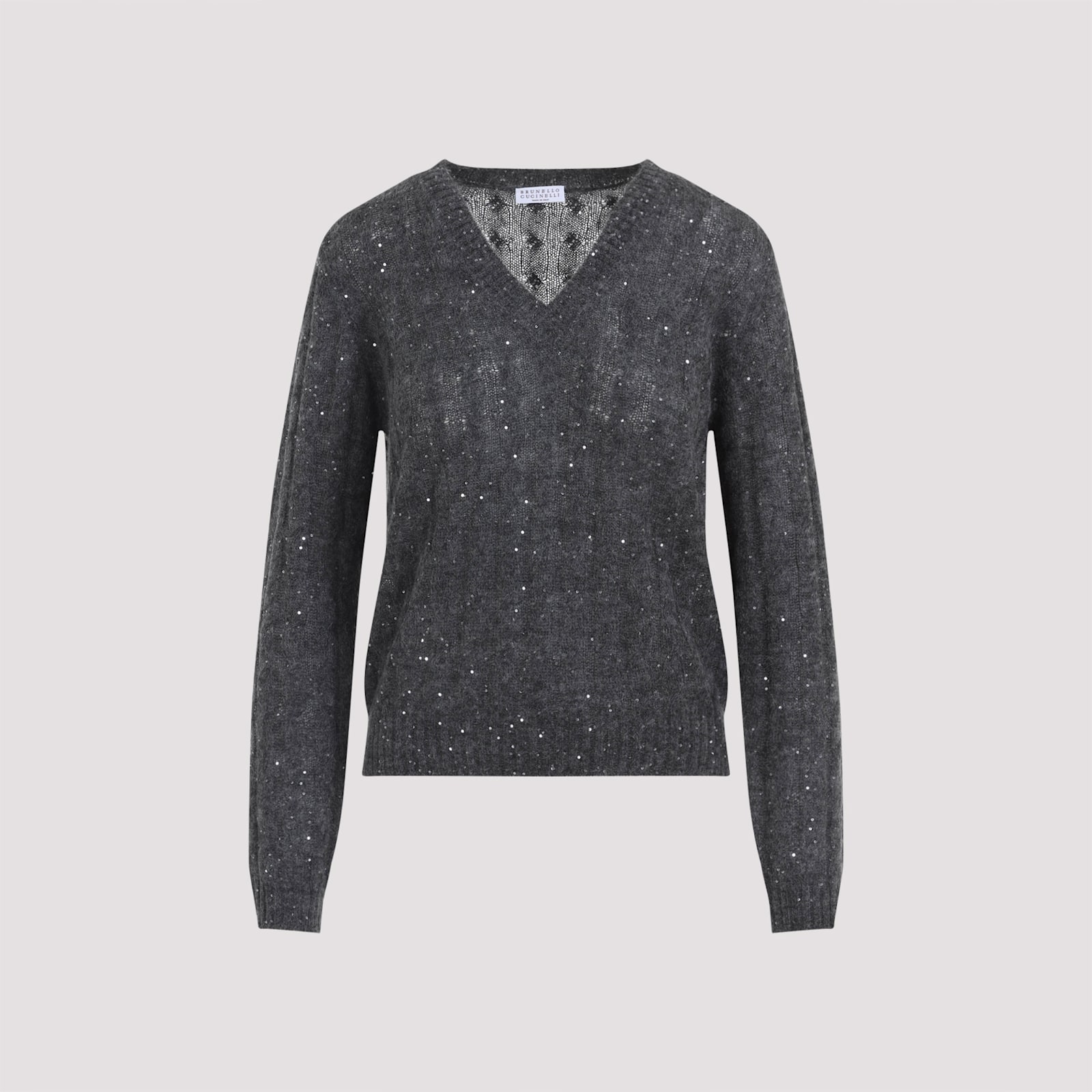 Brunello Cucinelli Textured Ribbed V-neck Sweater With Sparkling Details In Gray
