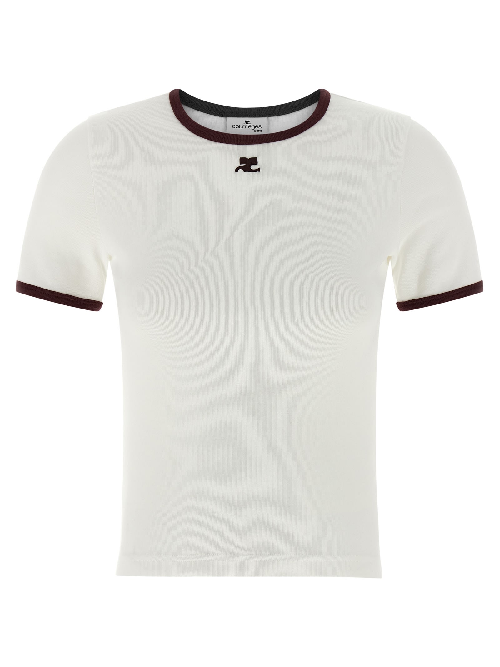 Courrèges Cotton T-shirt With Black Trim And Front Logo In White