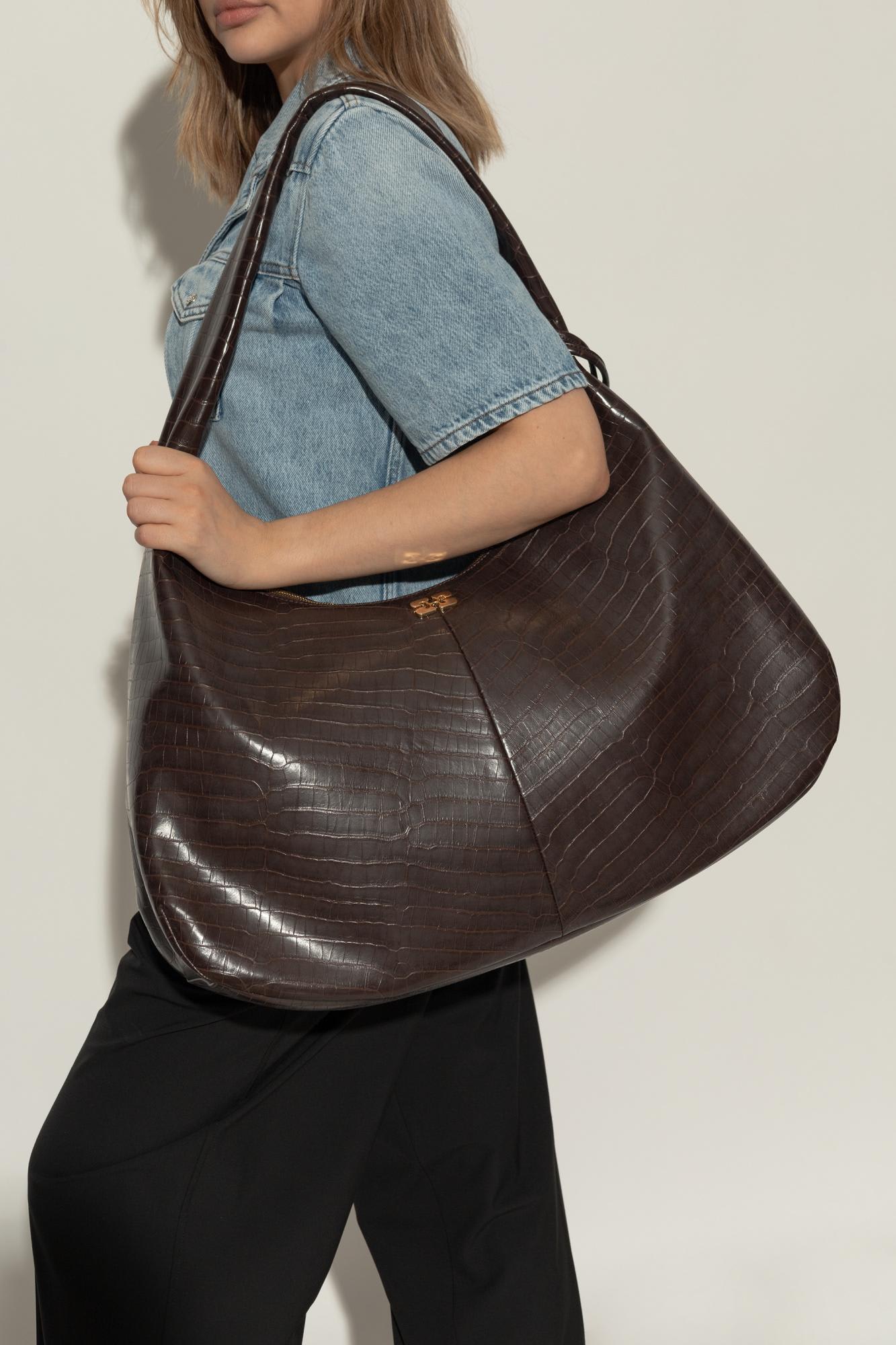 Ganni Xxl Croc-embossed Leather Shoulder Bag In Brown