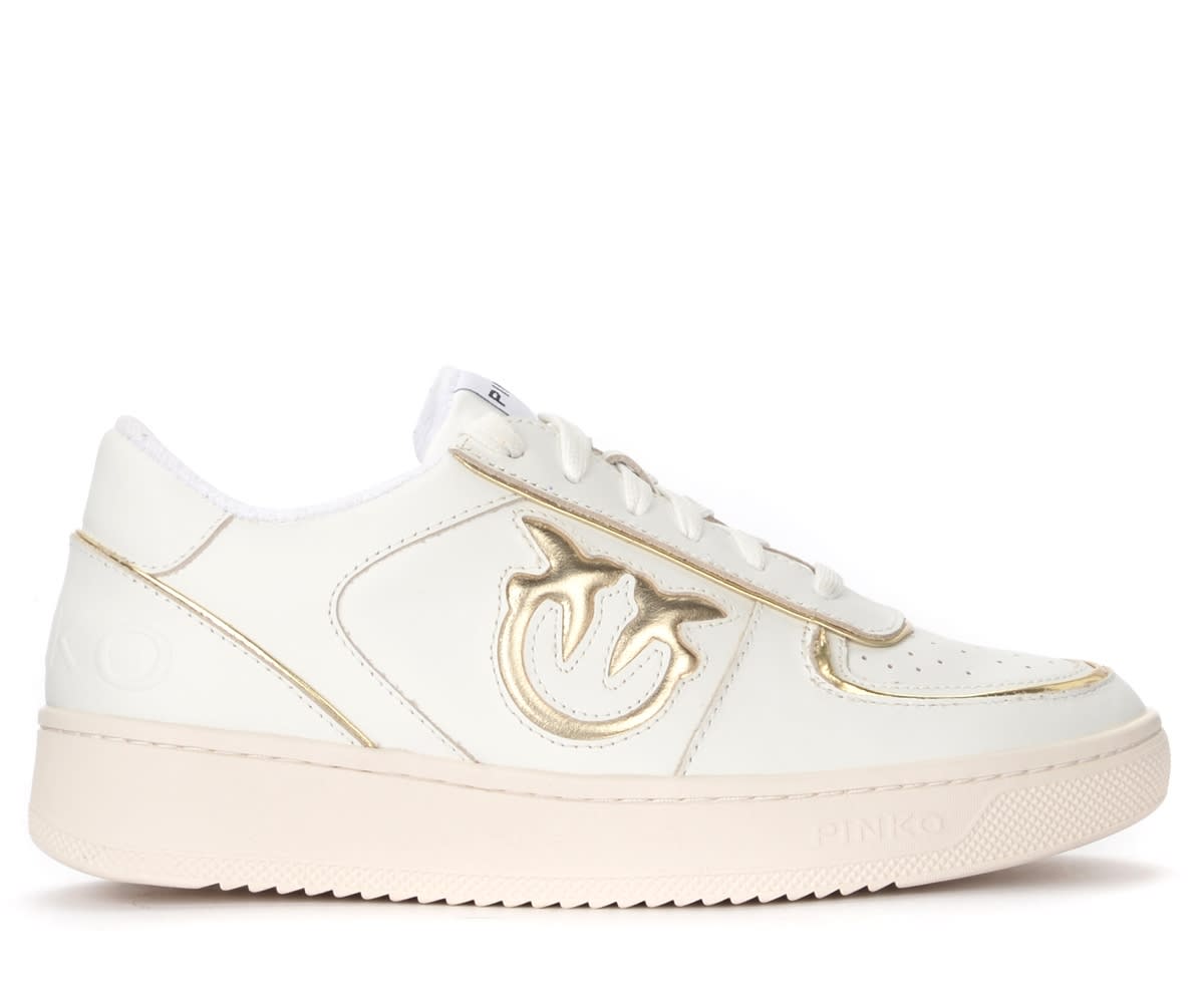 Pinko Bondy Basket Sneaker In White And Golden Leather