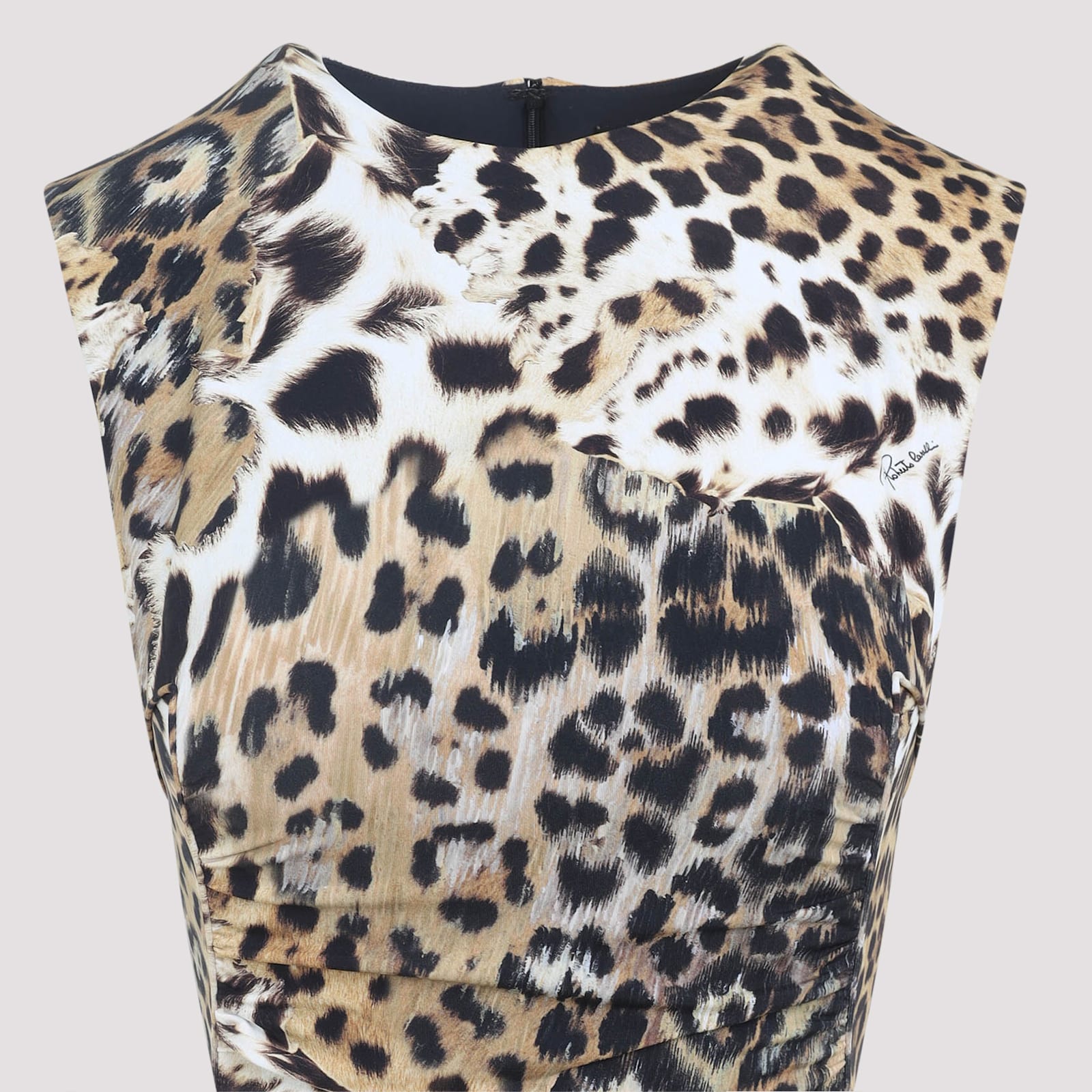 Roberto Cavalli Jaguar-print Gathered Midi Dress In Neutral