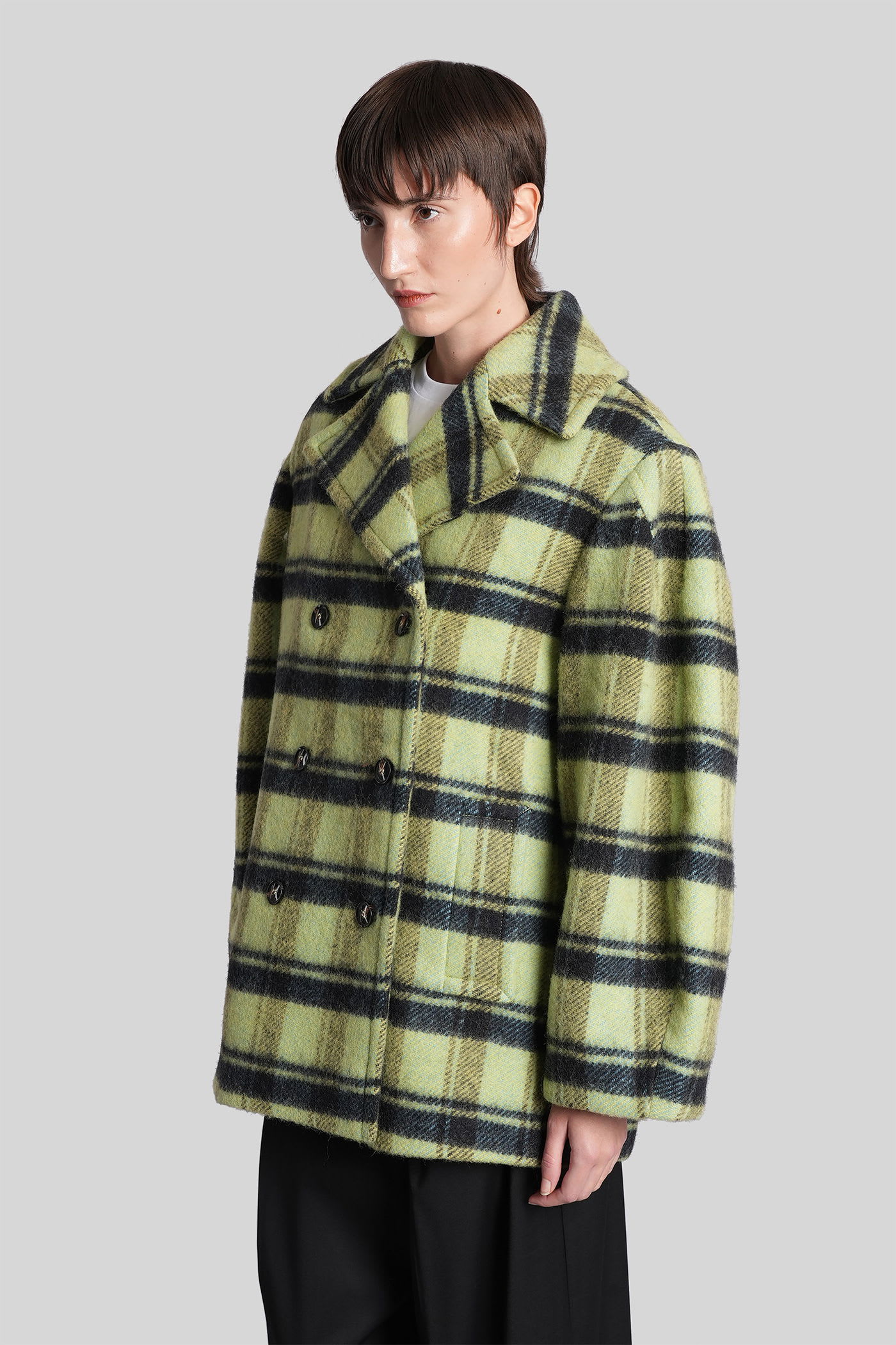 Ganni Oversized Double-breasted Checked Brushed-wool Coat In Green