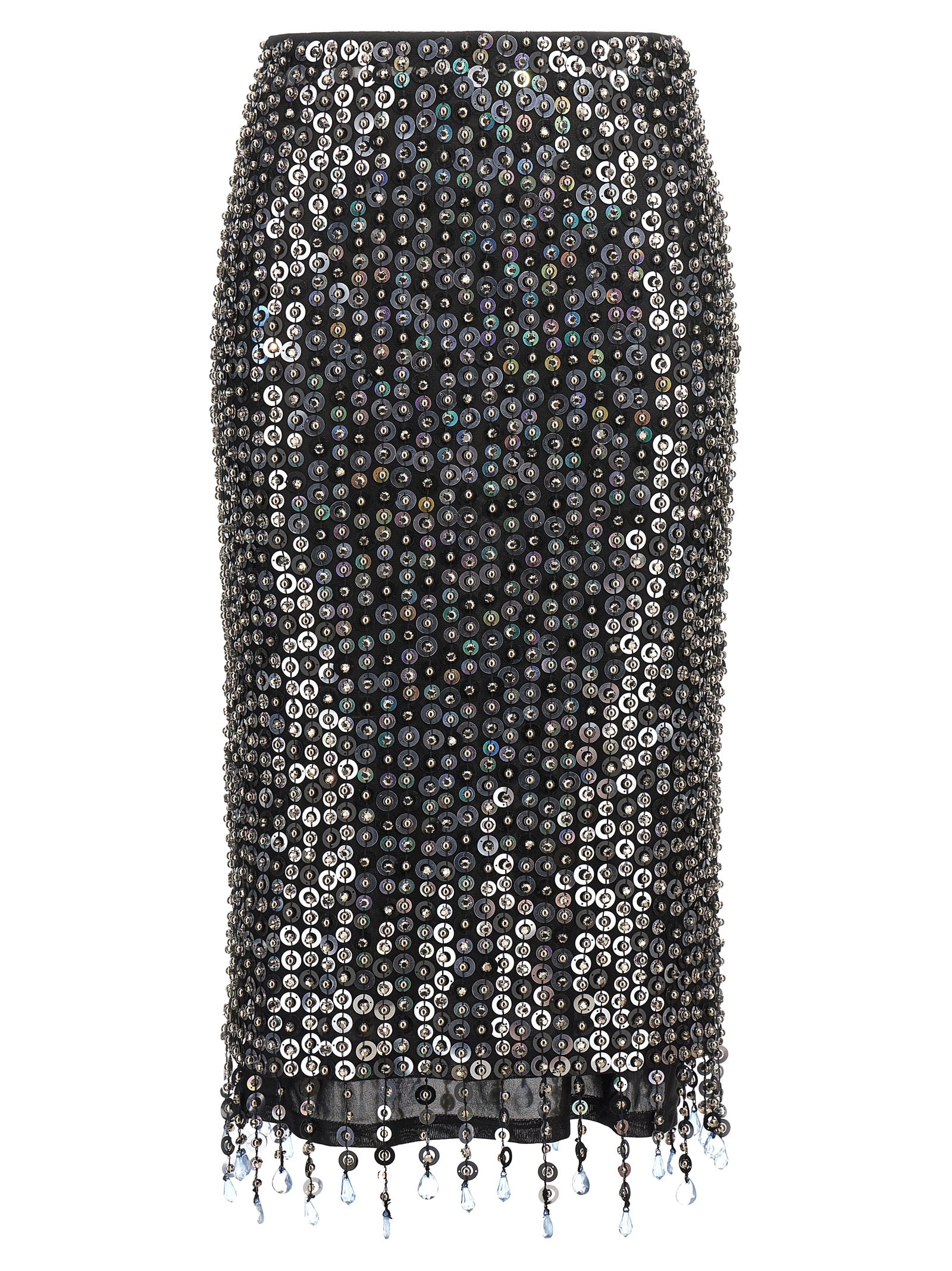 Pinko Fringed Black Sequined Midi Skirt With Removable Underskirt In Metallic