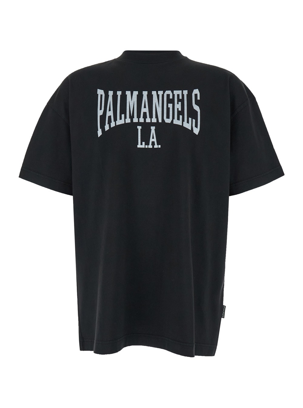 PALM ANGELS BLACK CREWNECK T-SHIRT WITH COLLEGE STYLE LOGO ON THE FRONT IN COTTON MAN 