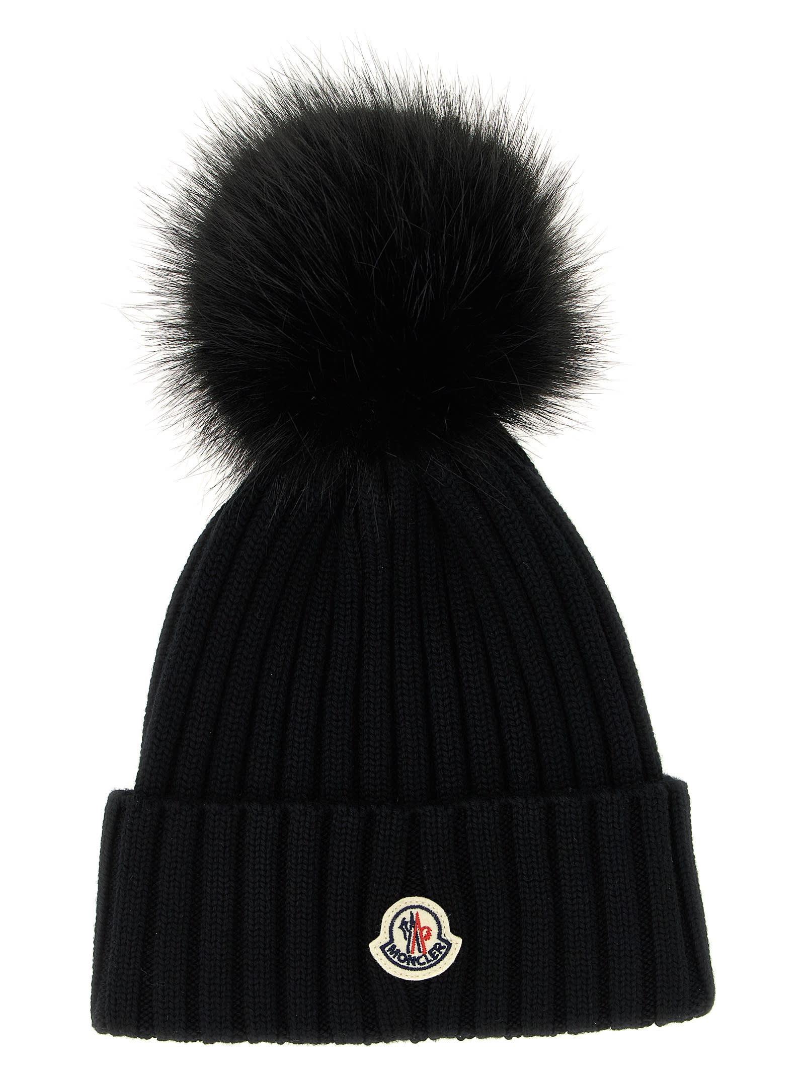 Moncler Ribbed Knit Wool Beanie With Faux Fur Pom-pom In Black
