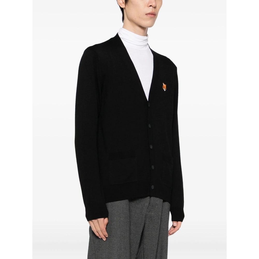 Maison Kitsuné Long Sleeve Wool Cardigan In Black