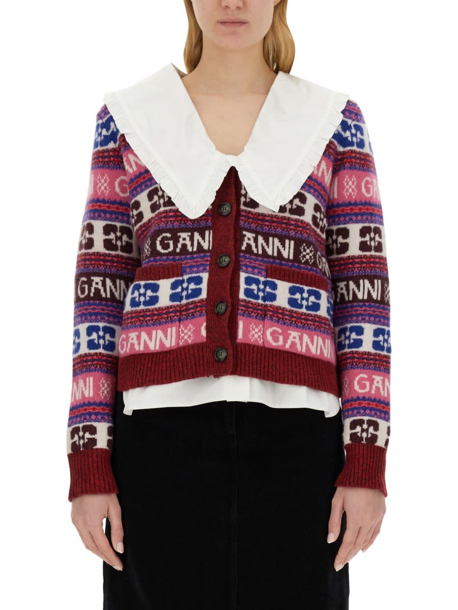 Shop Ganni V-neck Cardigan In Multicolour