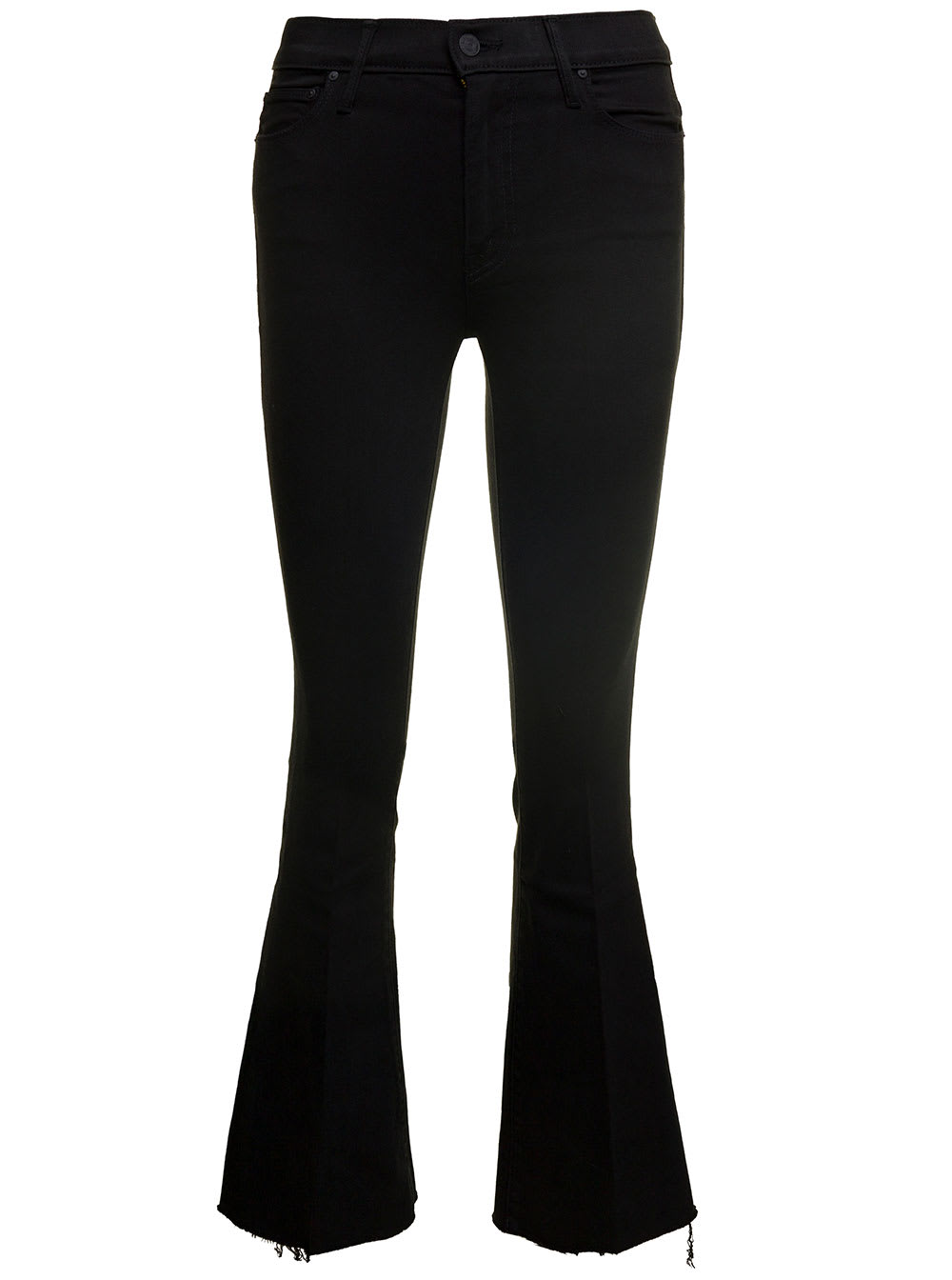 MOTHER THE WEEKENDER BLACK FLARED JEANS WITH BRANDED BUTTON IN STRETCH COTTON DENIM WOMAN