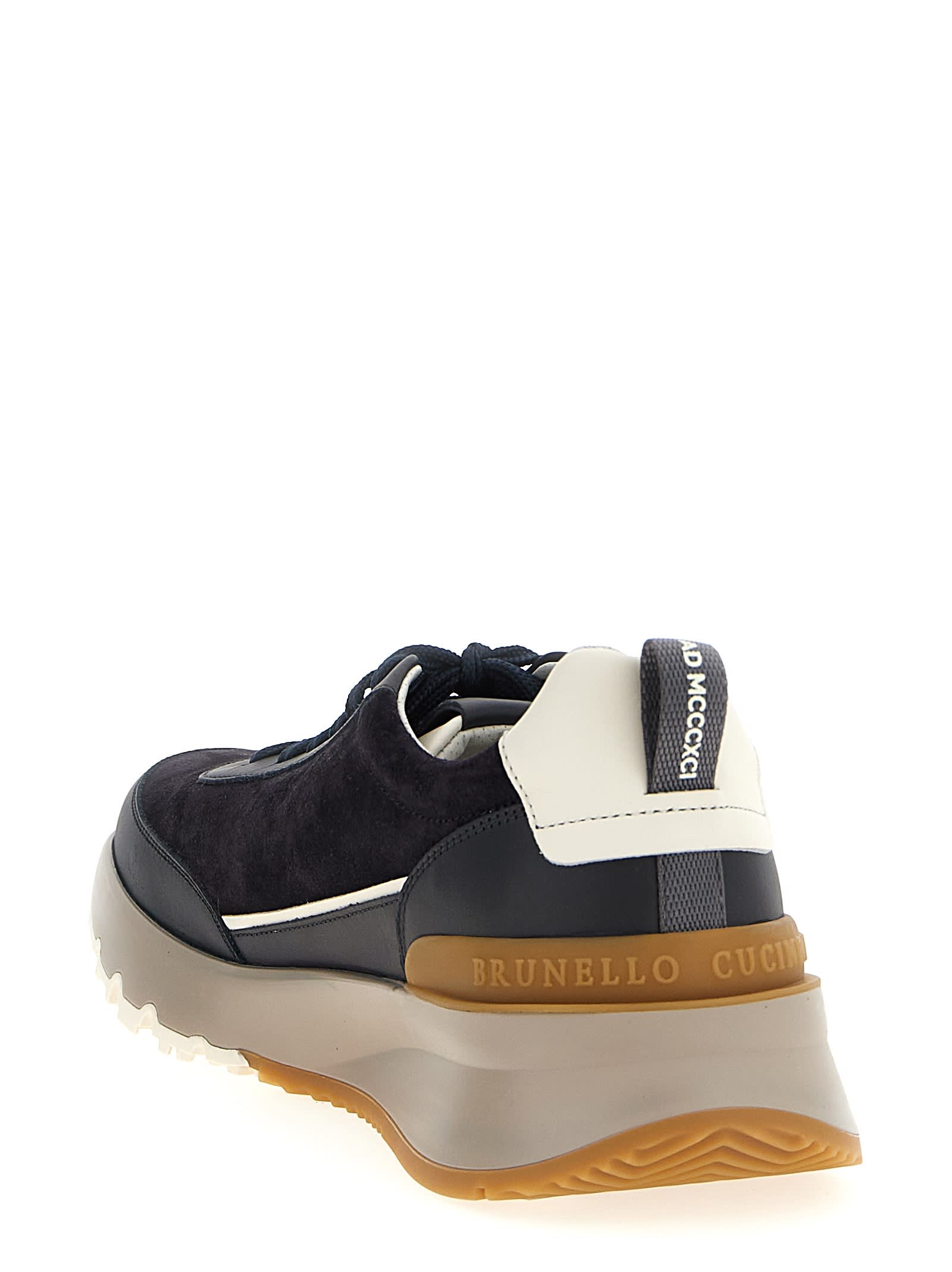 Brunello Cucinelli Suede And Smooth Material Flat Shoes With Contrasting Sole In Black