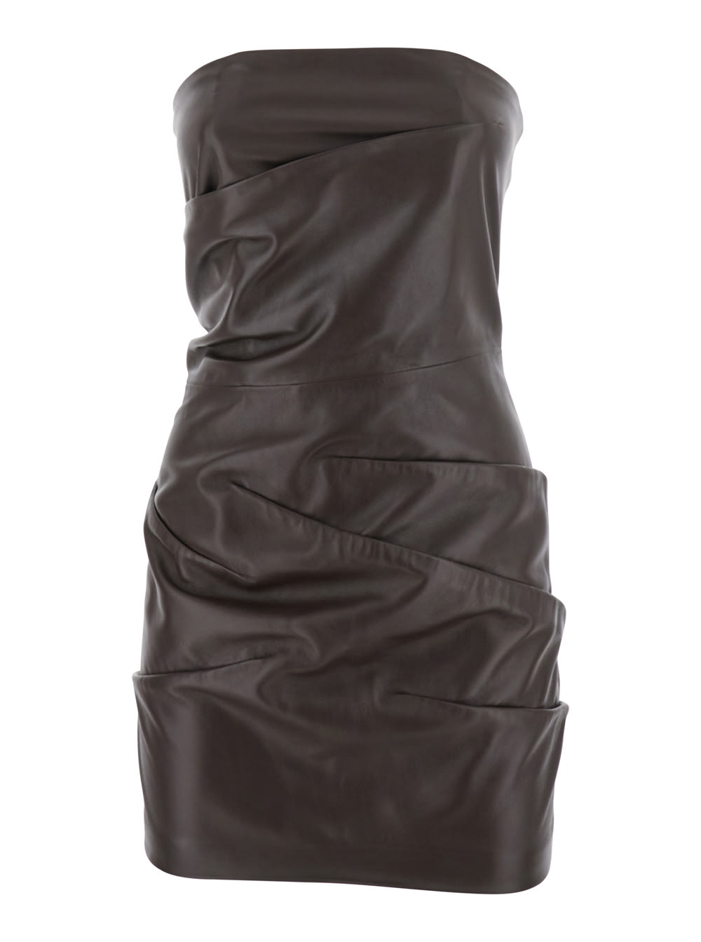 Brown Off-shoulder Sleeveless Mini Dress With Rear Zip Closure In Leather Woman