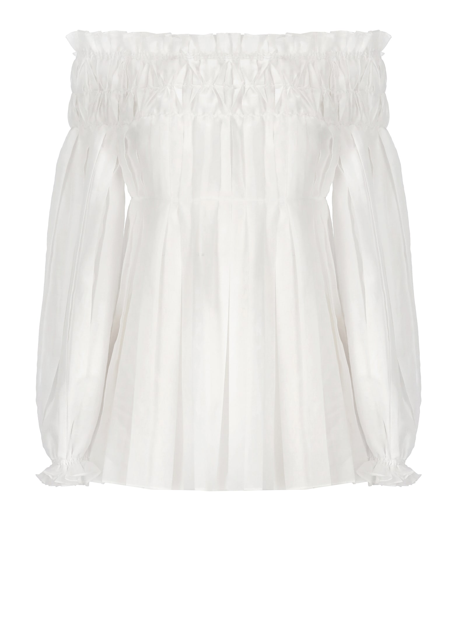 White Pleated Off-shoulder Blouse In Organza Woman