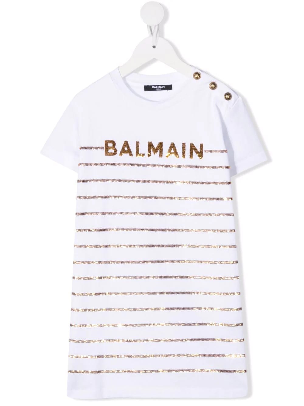 Balmain White Short Dress With Sequined Logo And Stripe Pattern