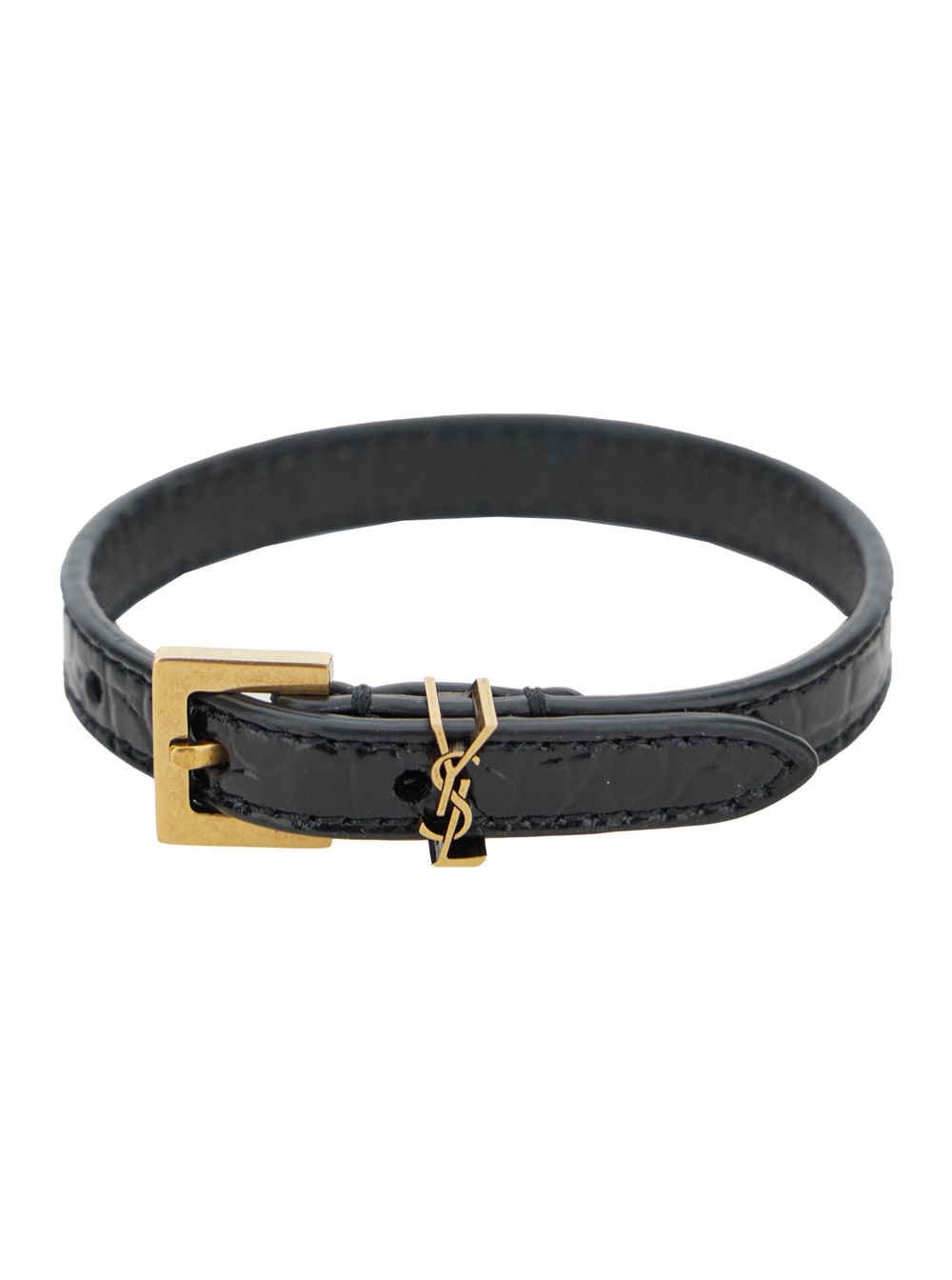 Shop Saint Laurent Cassandre Black Belt Bracelet In Croco Printed Leather Woman