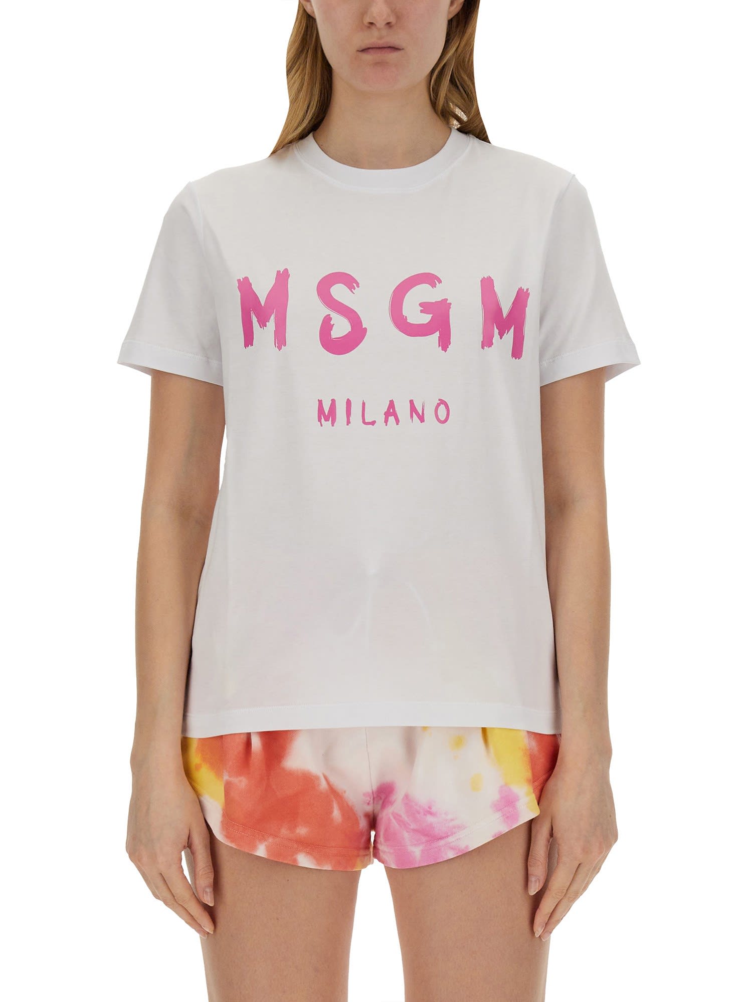 Msgm Jersey T-shirt With Brushstroke Printed Logo In Bianco
