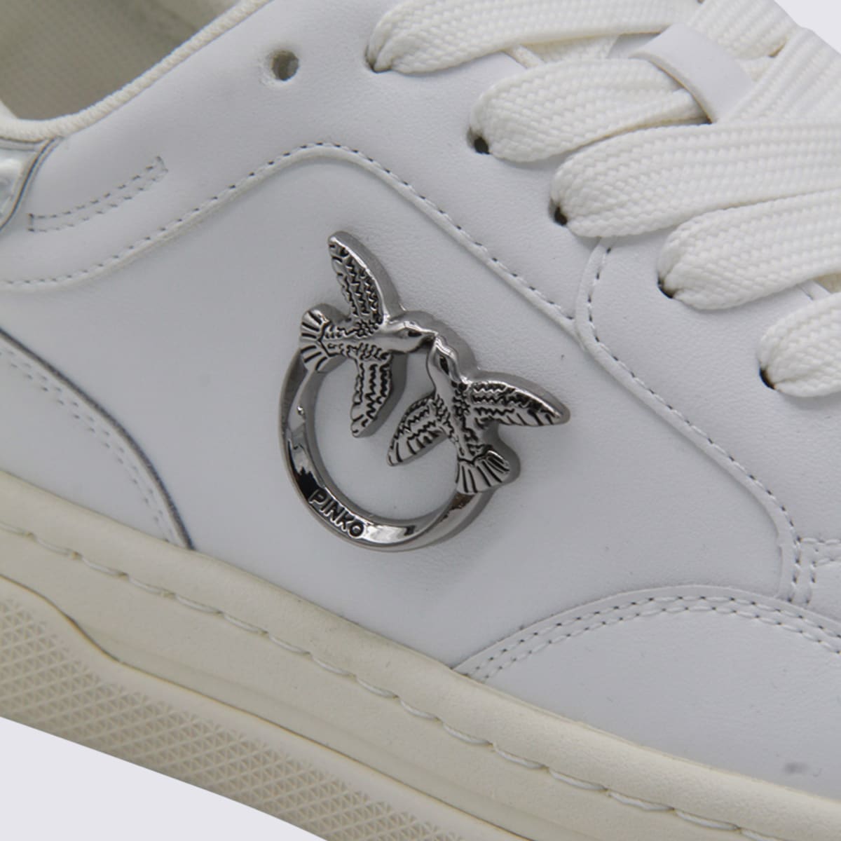 Pinko White Leather Sneakers With Metallic Accents In White