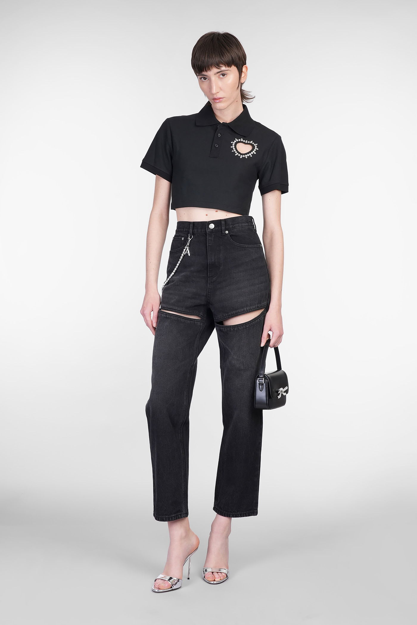 Area Black Crystal Heart Cutout Cropped Polo