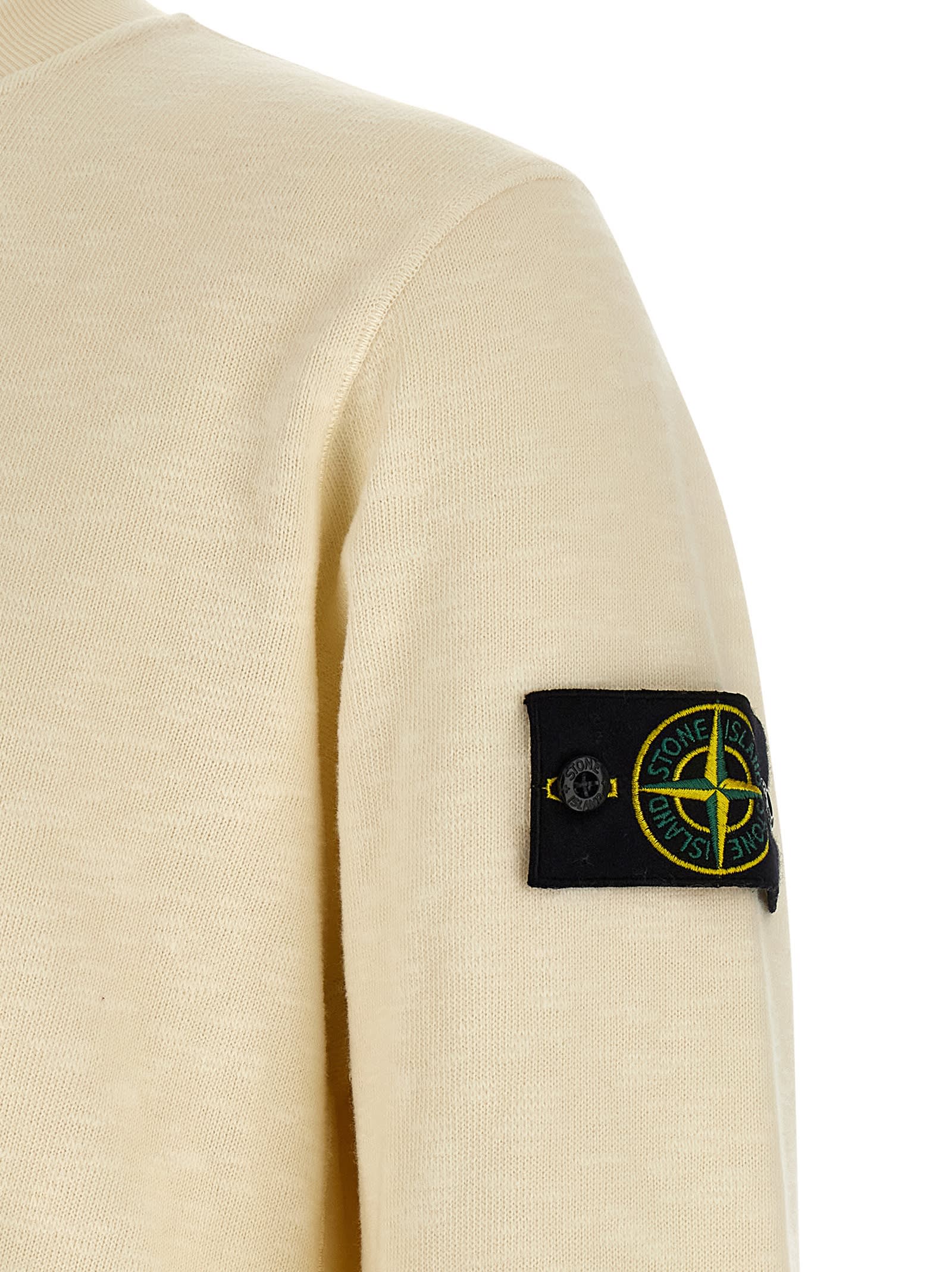 Stone Island Off White Crewneck Logo Sweatshirt In Nude