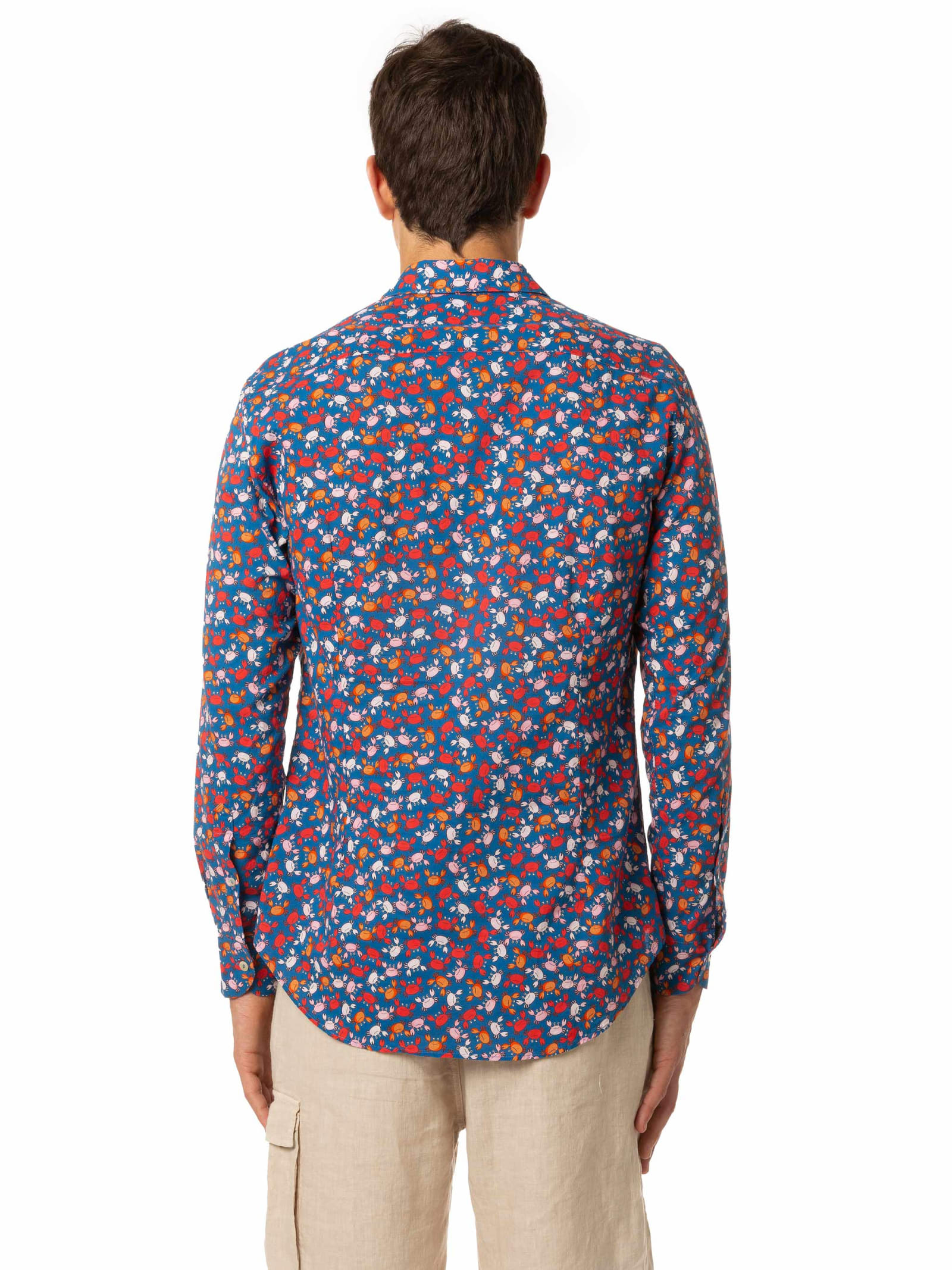 Mc2 Saint Barth Man Cotton Shirt With Crab Print In Blue