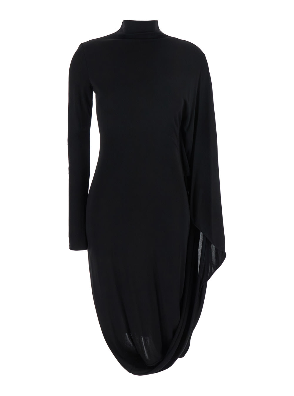 Black Asymmetric Midi Dress With High Neck And One Cape Sleeve In Viscose Woman