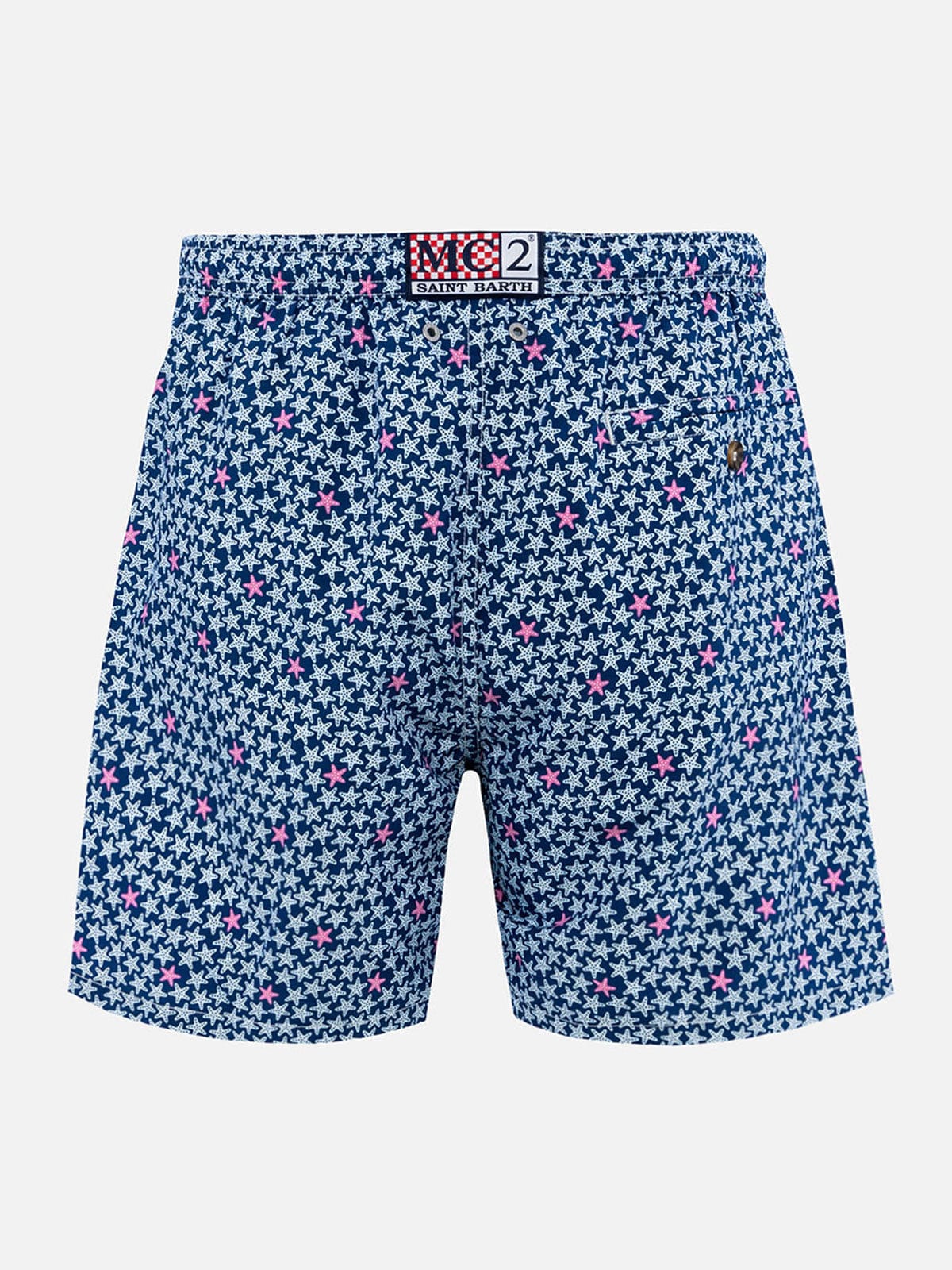 Mc2 Saint Barth Man Lightweight Fabric Swim-shorts Lighting 70 With Starfishes Print In Blue