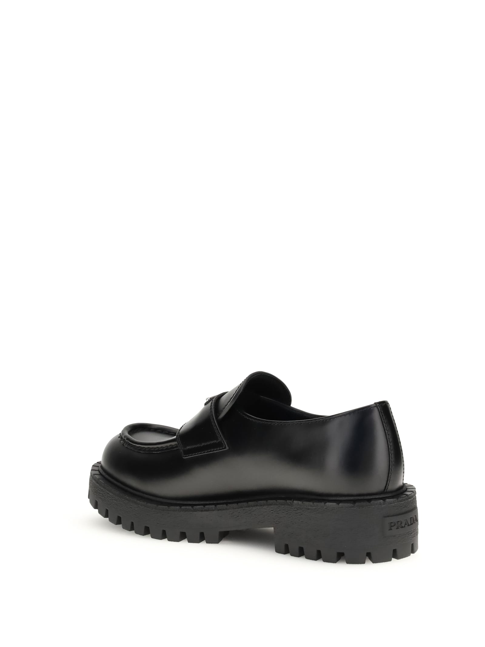 Prada Polished Black Leather Loafers With Chunky Rubber Sole In Black