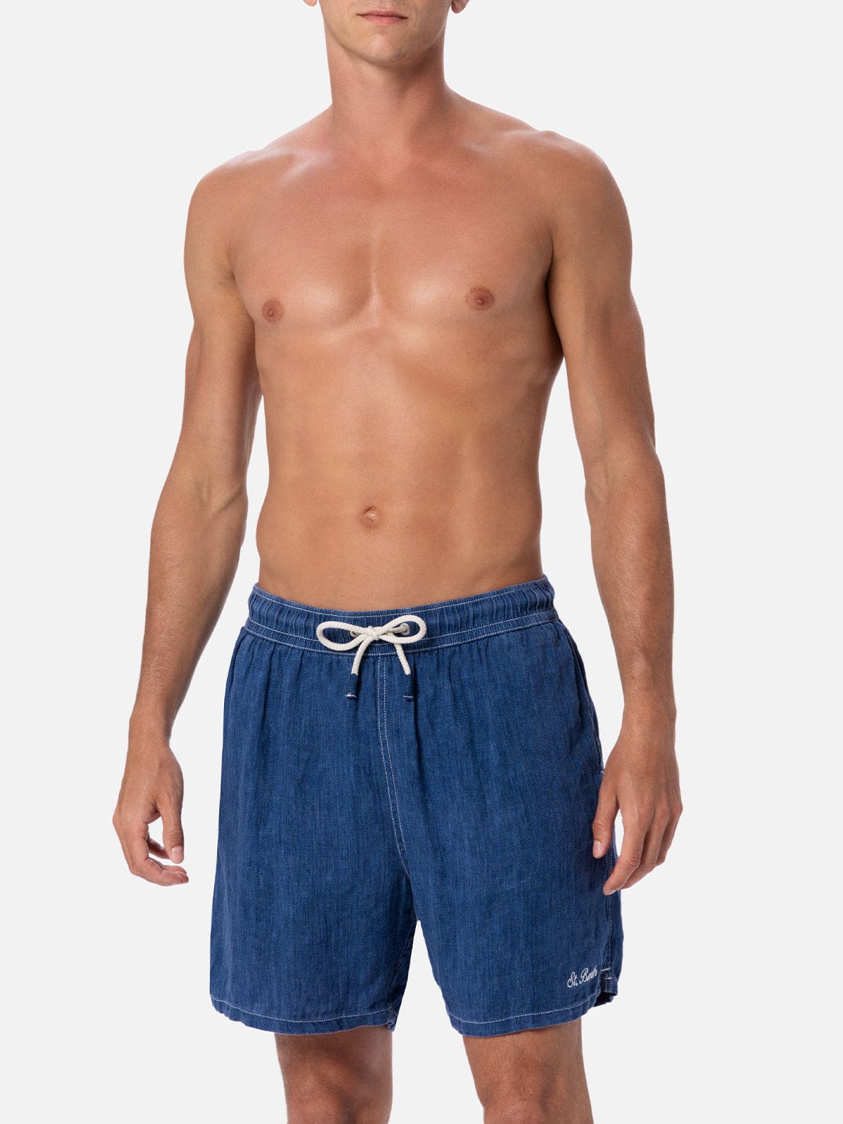 Mc2 Saint Barth Man Mid-length Denim Blue Linen Swim-shorts Gustavia In Blue