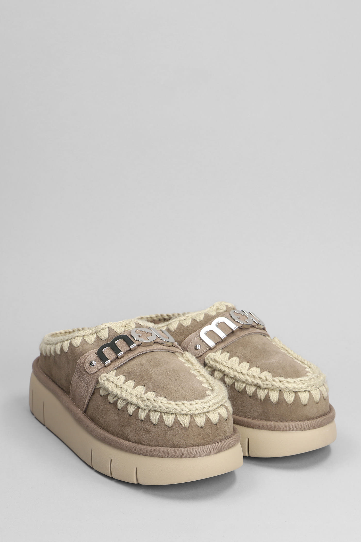 Mou 'bounce' Brown Mules With Logo Lettering And Open Rear In Grey
