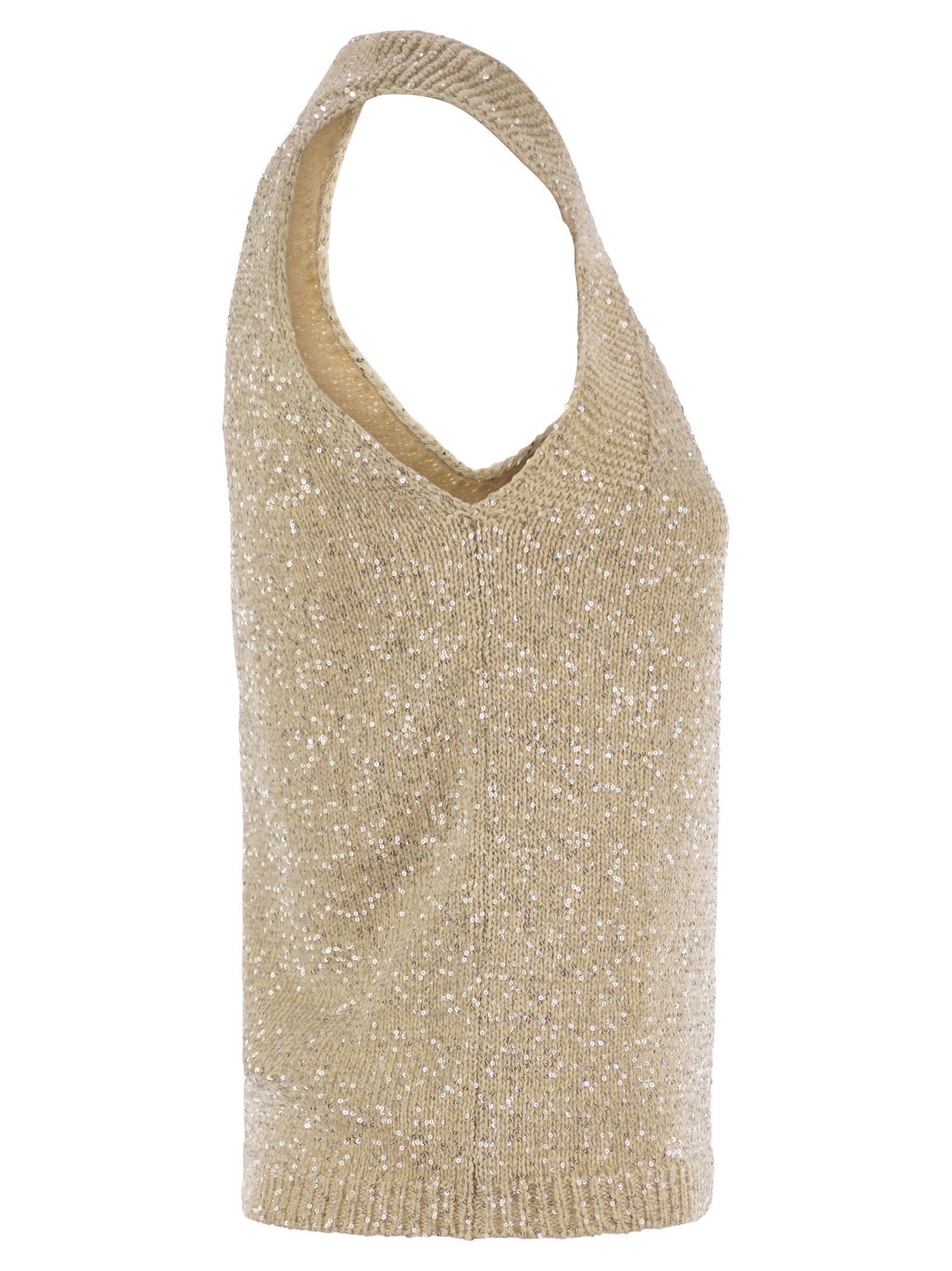 Fabiana Filippi Cotton Knit Tank Top With Sequins In Powder