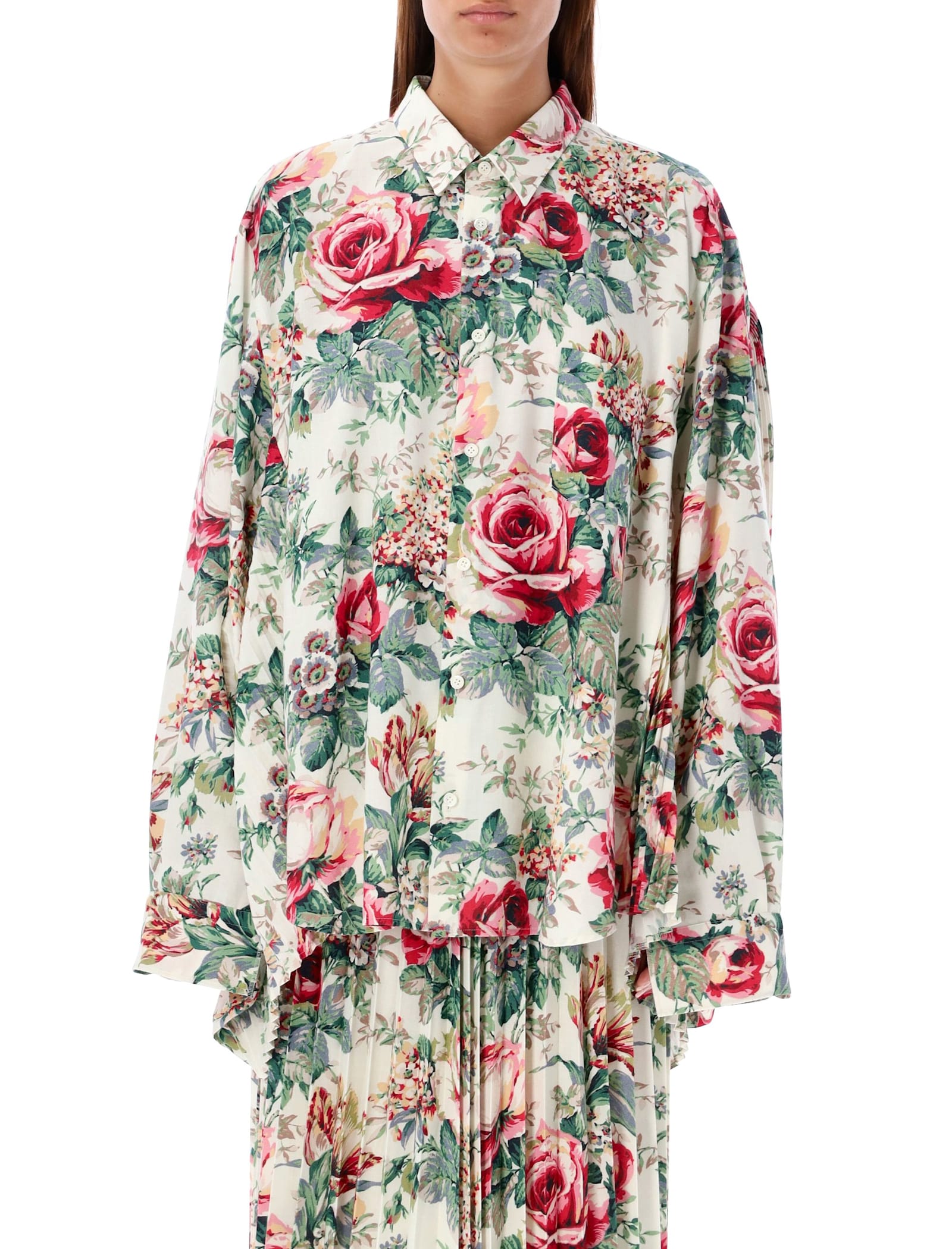 Shop Junya Watanabe Floral Print Oversized Button-up Shirt In Off Whte/pink