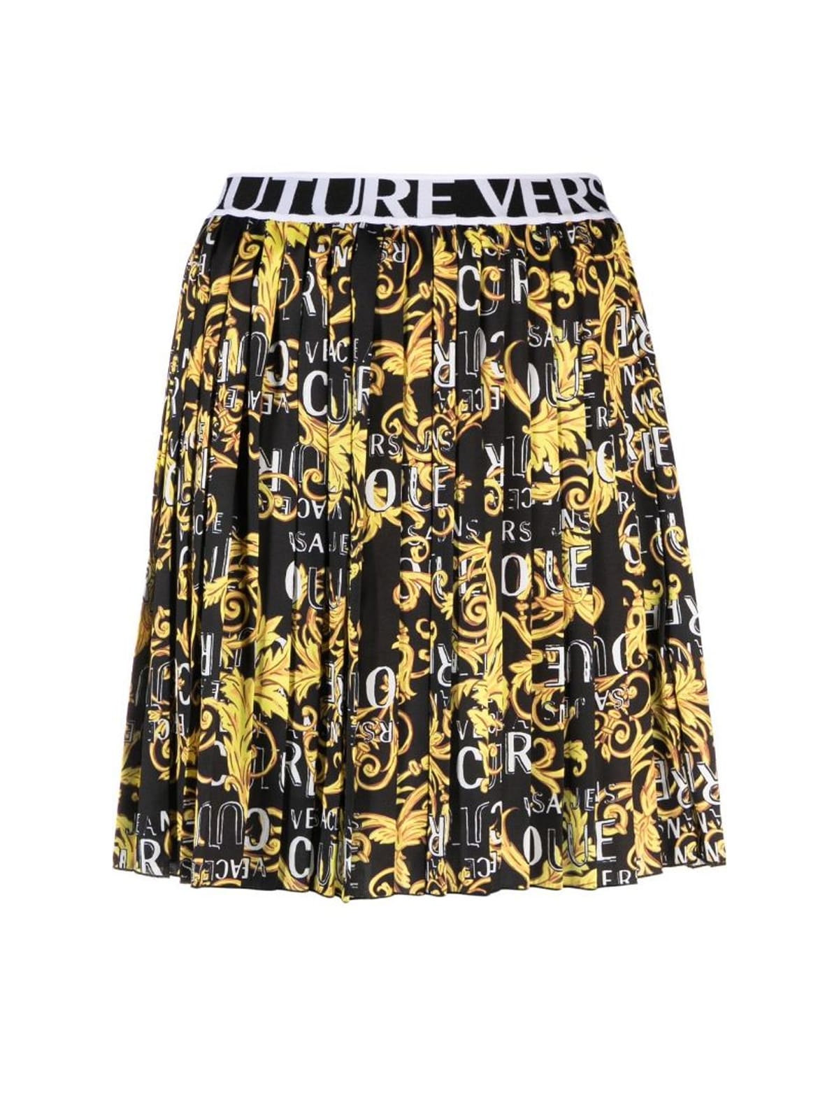 Versace Jeans Couture Baroque-print Pleated Skirt In Black Gold